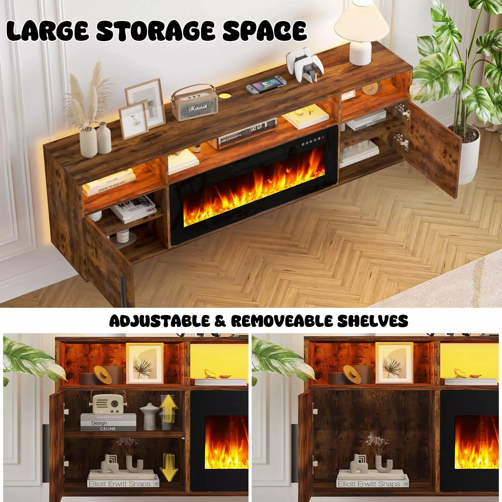 Floating Fireplace TV Stand 70'' Wall Mounted Shelf, LED Light Entertainment Center and Storage, Modern Wood Media TV Console with Highlight Cabinet for Living Room - Image 25
