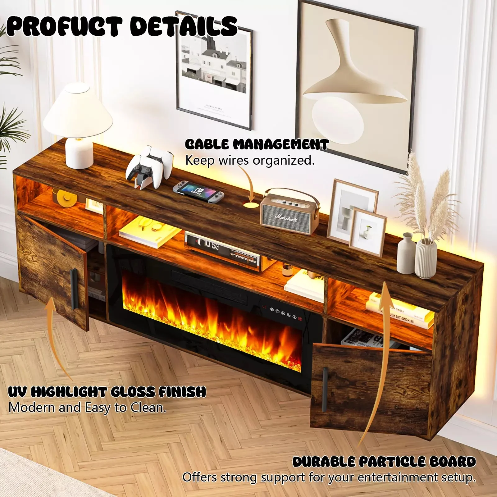 Floating Fireplace TV Stand 70'' Wall Mounted Shelf, LED Light Entertainment Center and Storage, Modern Wood Media TV Console with Highlight Cabinet for Living Room - Image 26