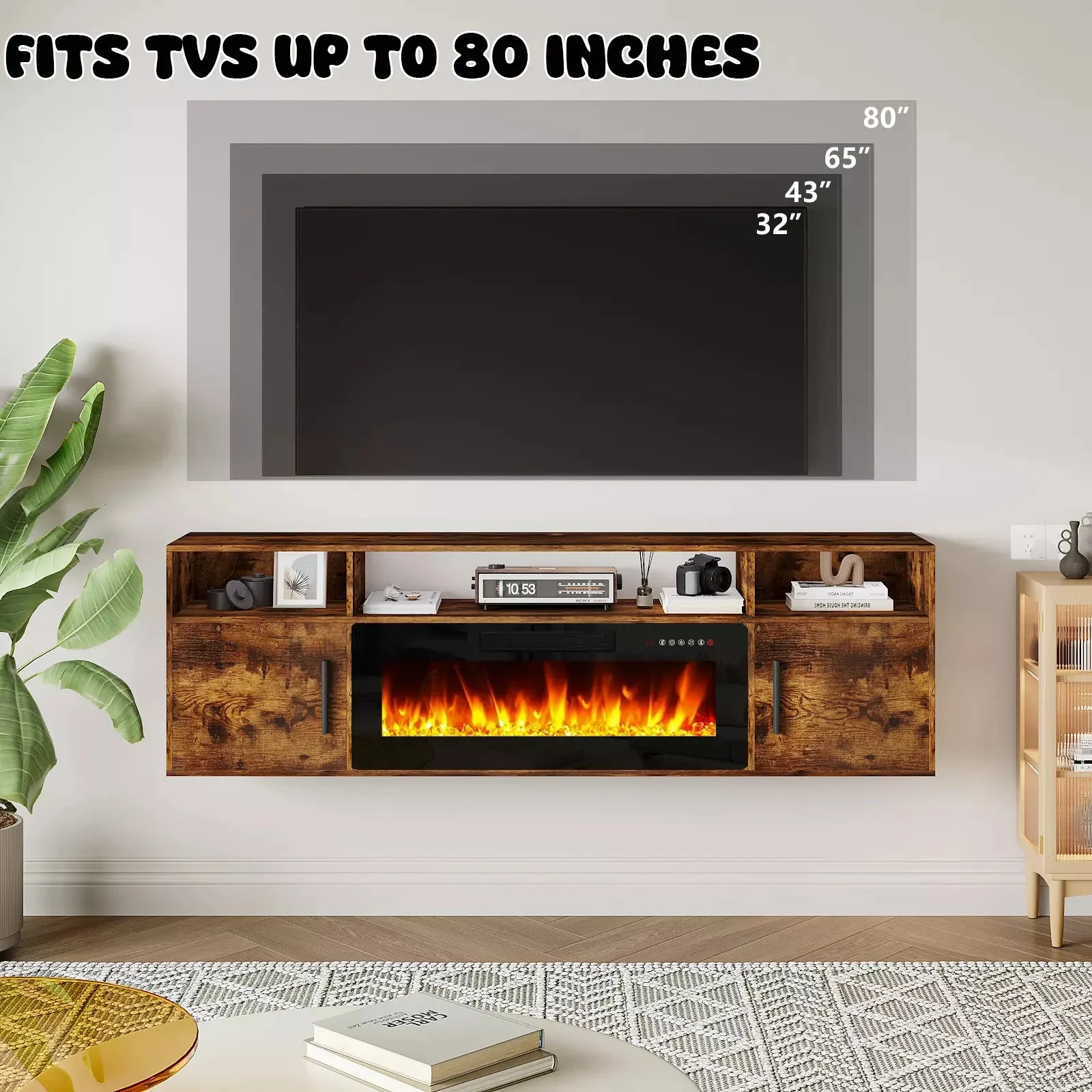 Floating Fireplace TV Stand 70'' Wall Mounted Shelf, LED Light Entertainment Center and Storage, Modern Wood Media TV Console with Highlight Cabinet for Living Room - Image 27