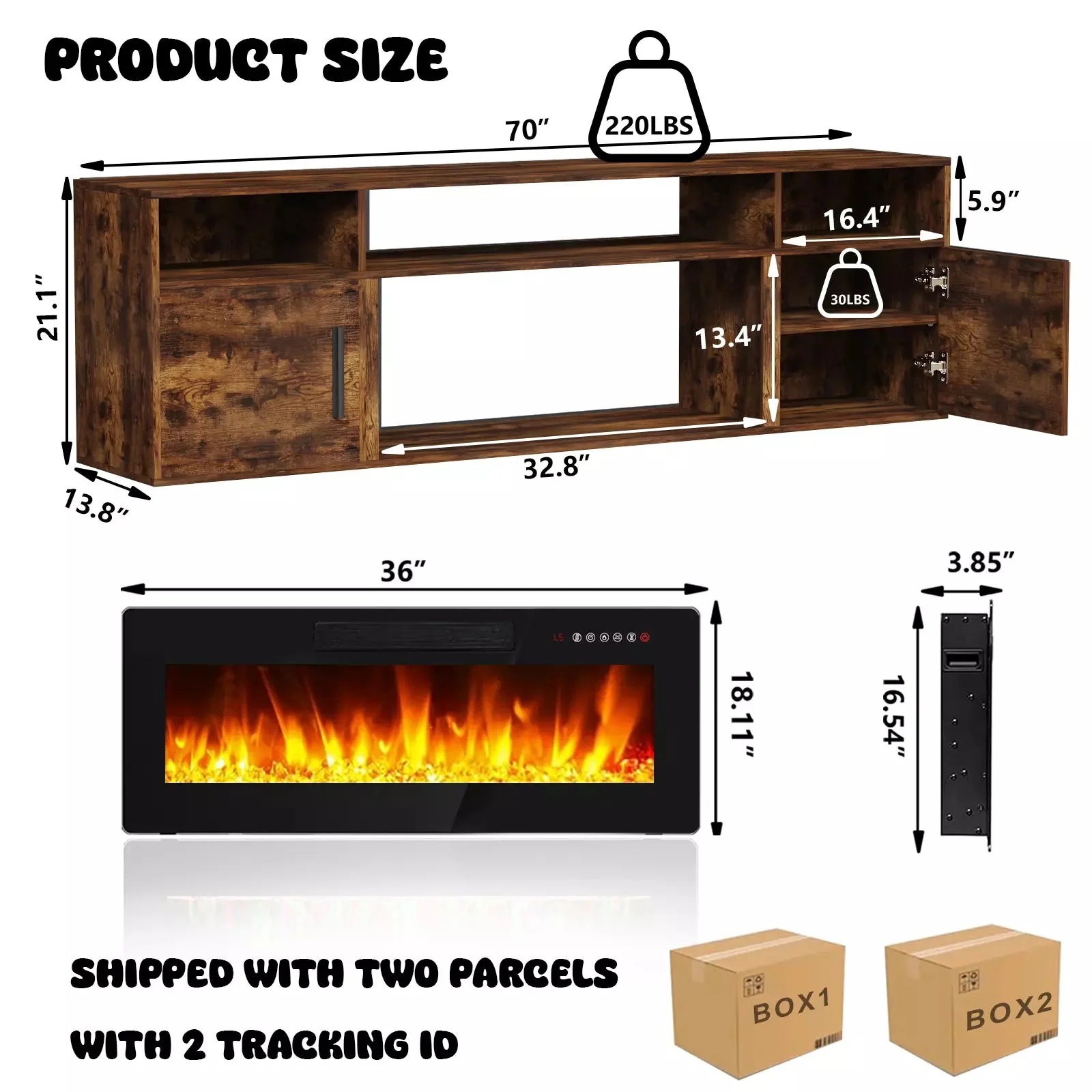 Floating Fireplace TV Stand 70'' Wall Mounted Shelf, LED Light Entertainment Center and Storage, Modern Wood Media TV Console with Highlight Cabinet for Living Room - Image 29