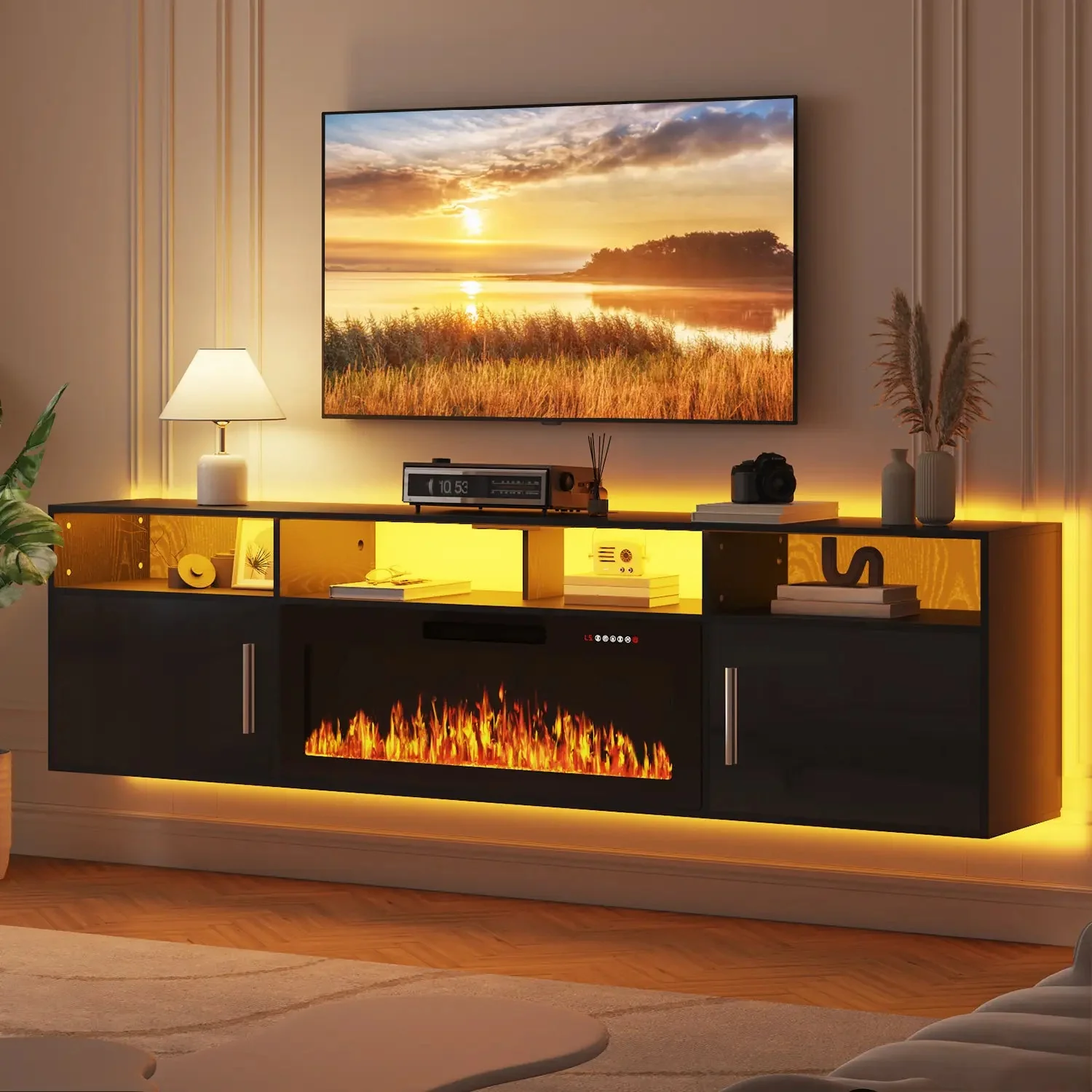 Floating Fireplace TV Stand 70'' Wall Mounted Shelf, LED Light Entertainment Center and Storage, Modern Wood Media TV Console with Highlight Cabinet for Living Room - Image 30