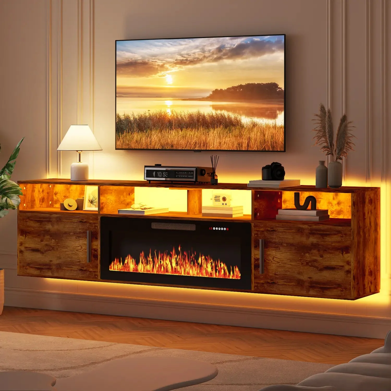 Floating Fireplace TV Stand 70'' Wall Mounted Shelf, LED Light Entertainment Center and Storage, Modern Wood Media TV Console with Highlight Cabinet for Living Room - Image 31