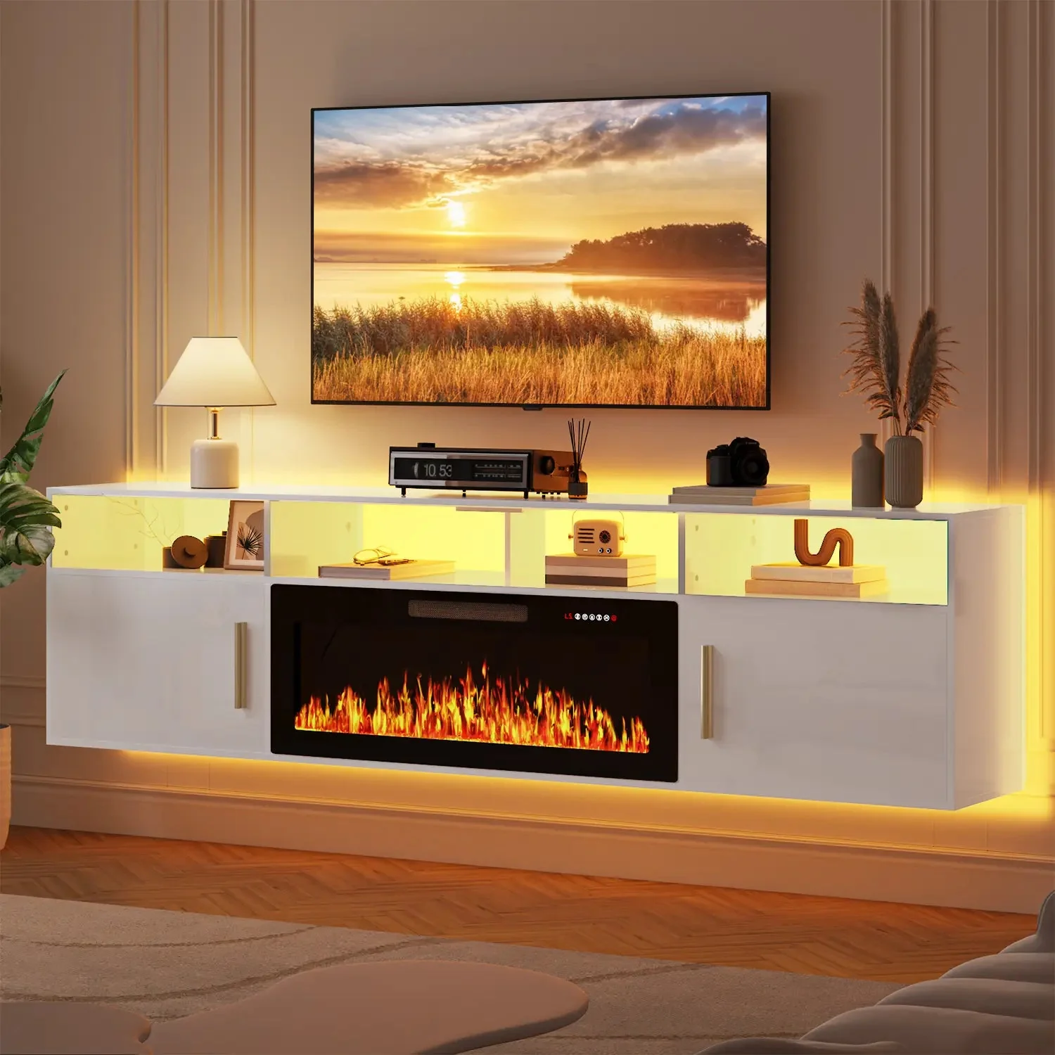 Floating Fireplace TV Stand 70'' Wall Mounted Shelf, LED Light Entertainment Center and Storage, Modern Wood Media TV Console with Highlight Cabinet for Living Room - Image 32