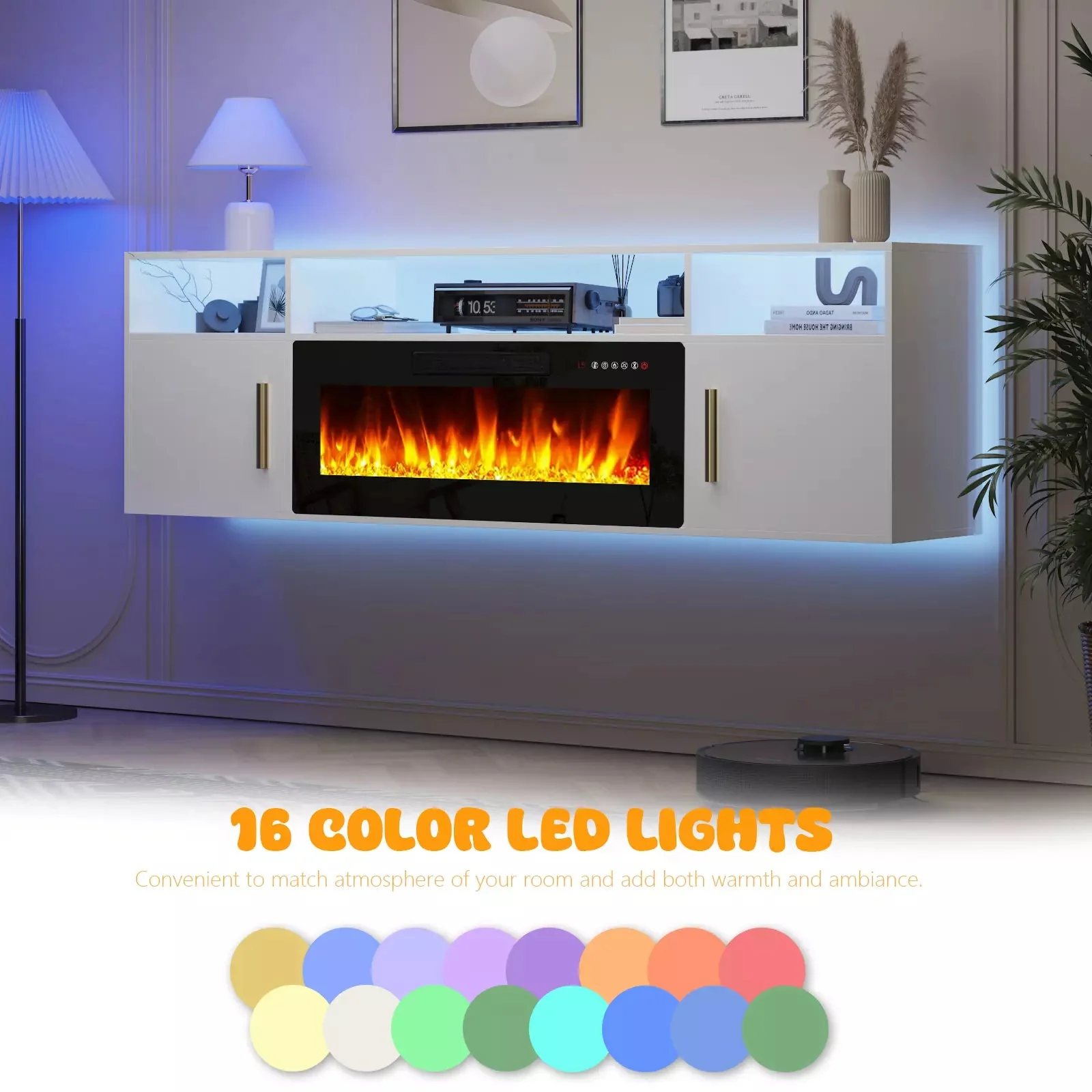 Floating Fireplace TV Stand 70'' Wall Mounted Shelf, LED Light Entertainment Center and Storage, Modern Wood Media TV Console with Highlight Cabinet for Living Room - Image 4