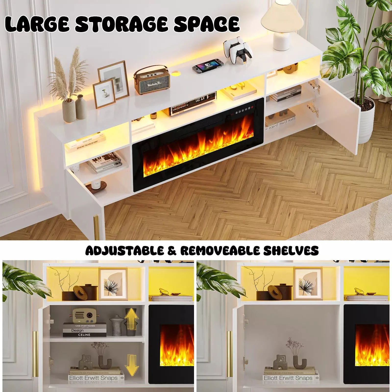 Floating Fireplace TV Stand 70'' Wall Mounted Shelf, LED Light Entertainment Center and Storage, Modern Wood Media TV Console with Highlight Cabinet for Living Room - Image 5