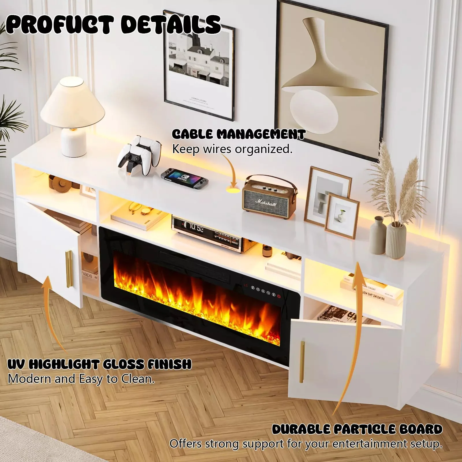Floating Fireplace TV Stand 70'' Wall Mounted Shelf, LED Light Entertainment Center and Storage, Modern Wood Media TV Console with Highlight Cabinet for Living Room - Image 6