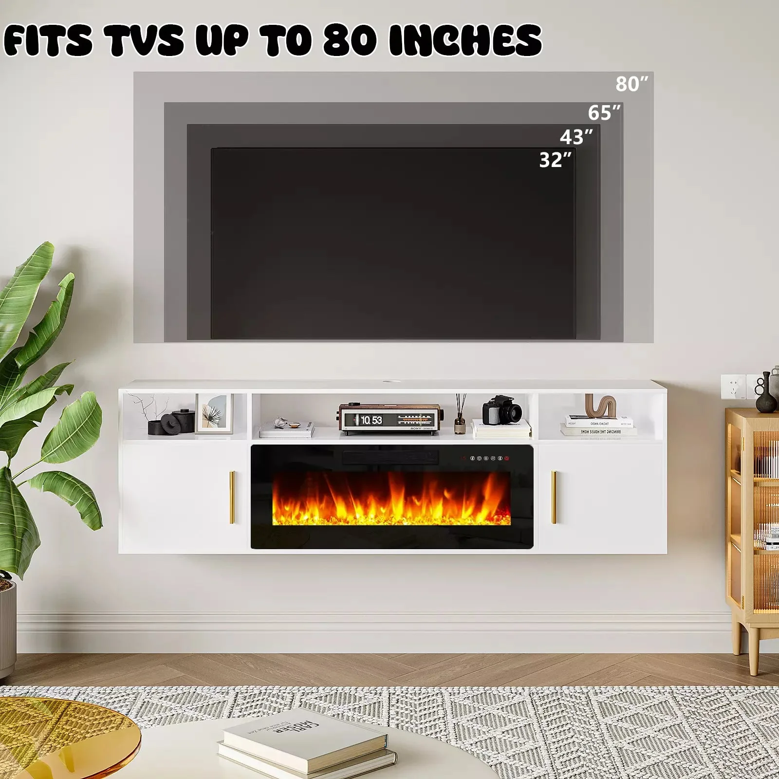 Floating Fireplace TV Stand 70'' Wall Mounted Shelf, LED Light Entertainment Center and Storage, Modern Wood Media TV Console with Highlight Cabinet for Living Room - Image 7