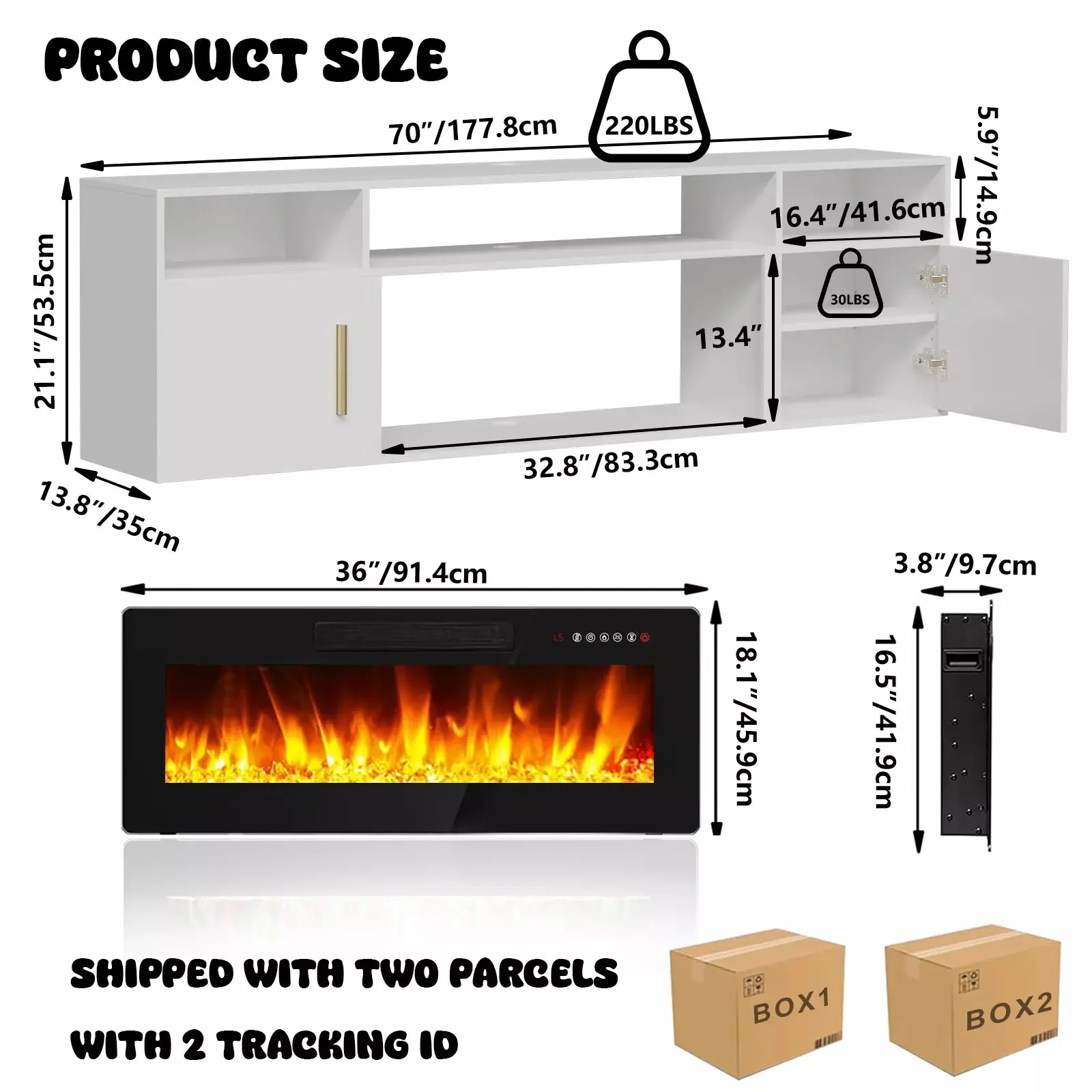 Floating Fireplace TV Stand 70'' Wall Mounted Shelf, LED Light Entertainment Center and Storage, Modern Wood Media TV Console with Highlight Cabinet for Living Room - Image 8