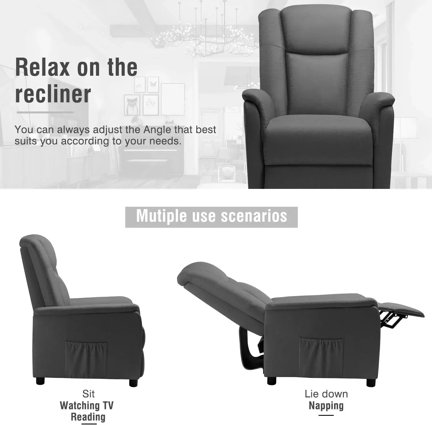 VITESSE Modern Fabric Recliner Chair, Home Theater Seating with Pocket, Lounge Recliner Sofa with Footrest and Backrest - Image 21