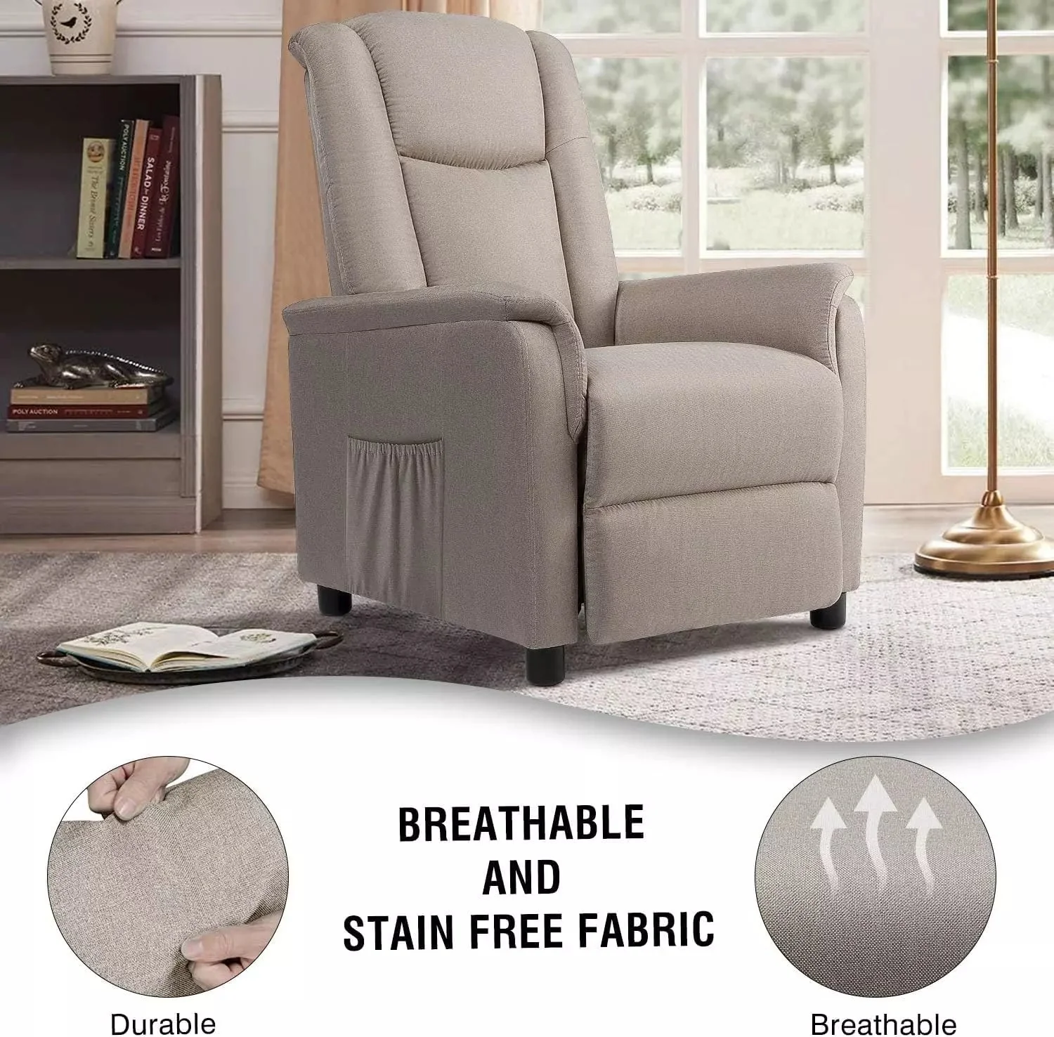 VITESSE Modern Fabric Recliner Chair, Home Theater Seating with Pocket, Lounge Recliner Sofa with Footrest and Backrest - Image 4