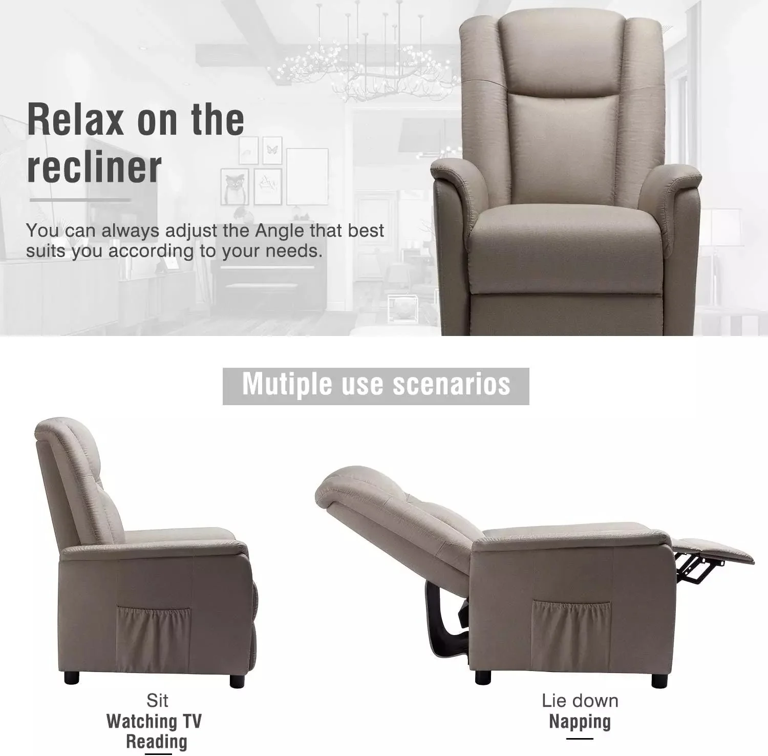 VITESSE Modern Fabric Recliner Chair, Home Theater Seating with Pocket, Lounge Recliner Sofa with Footrest and Backrest - Image 7