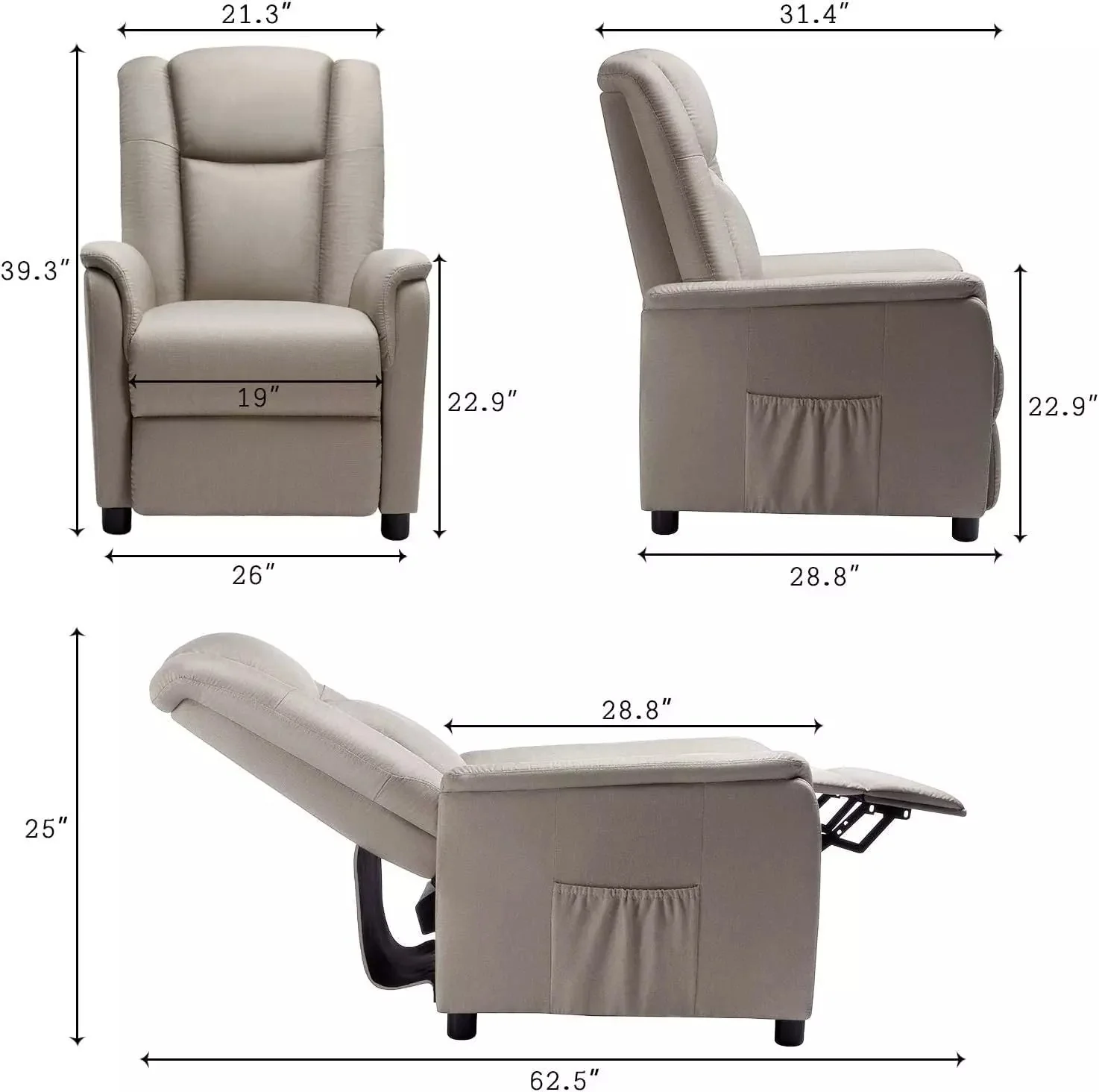 VITESSE Modern Fabric Recliner Chair, Home Theater Seating with Pocket, Lounge Recliner Sofa with Footrest and Backrest - Image 8