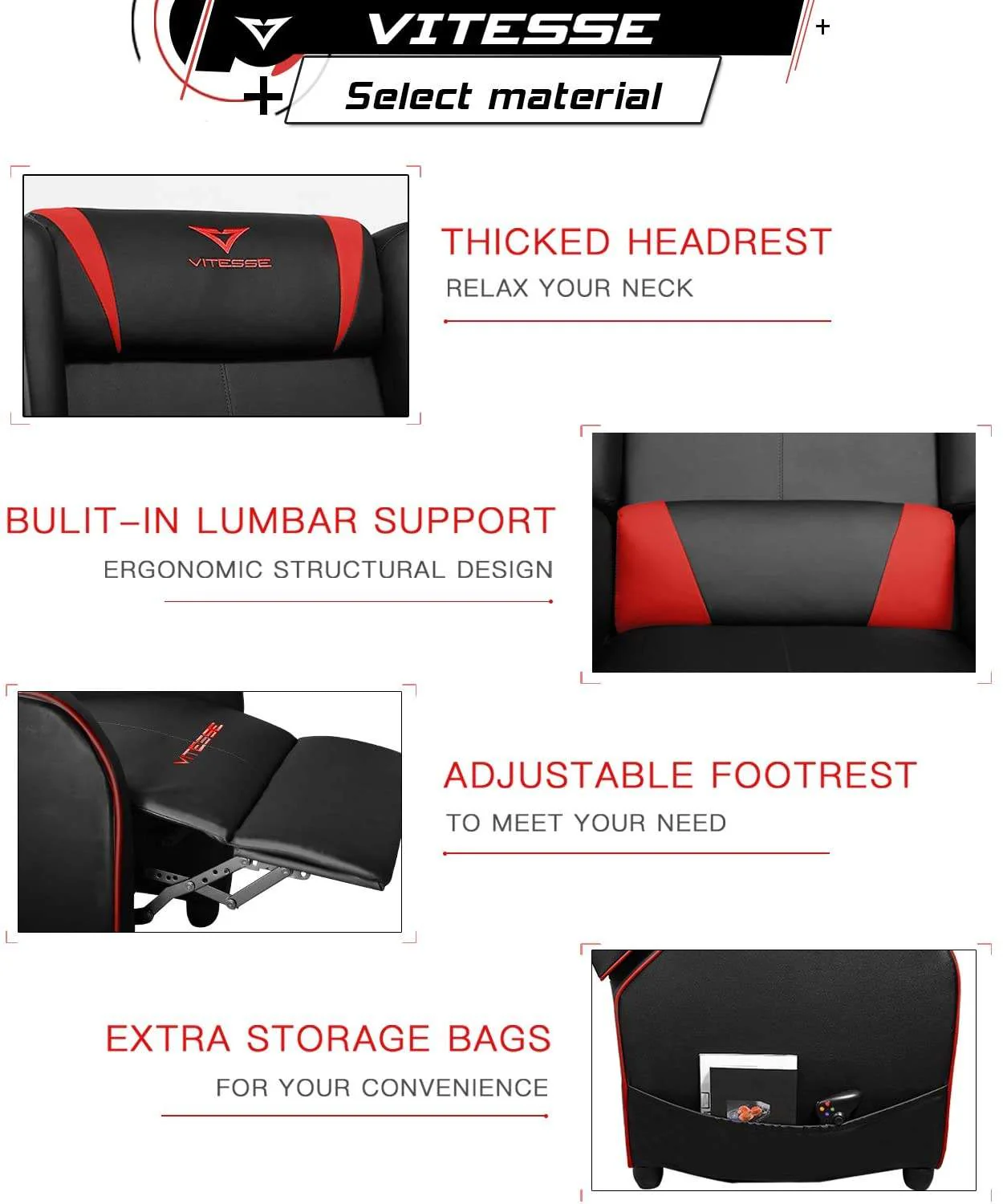 VITESSE Racing Style Single Gaming Recliner & Sofa, Theater Seat VGR02 - Image 19