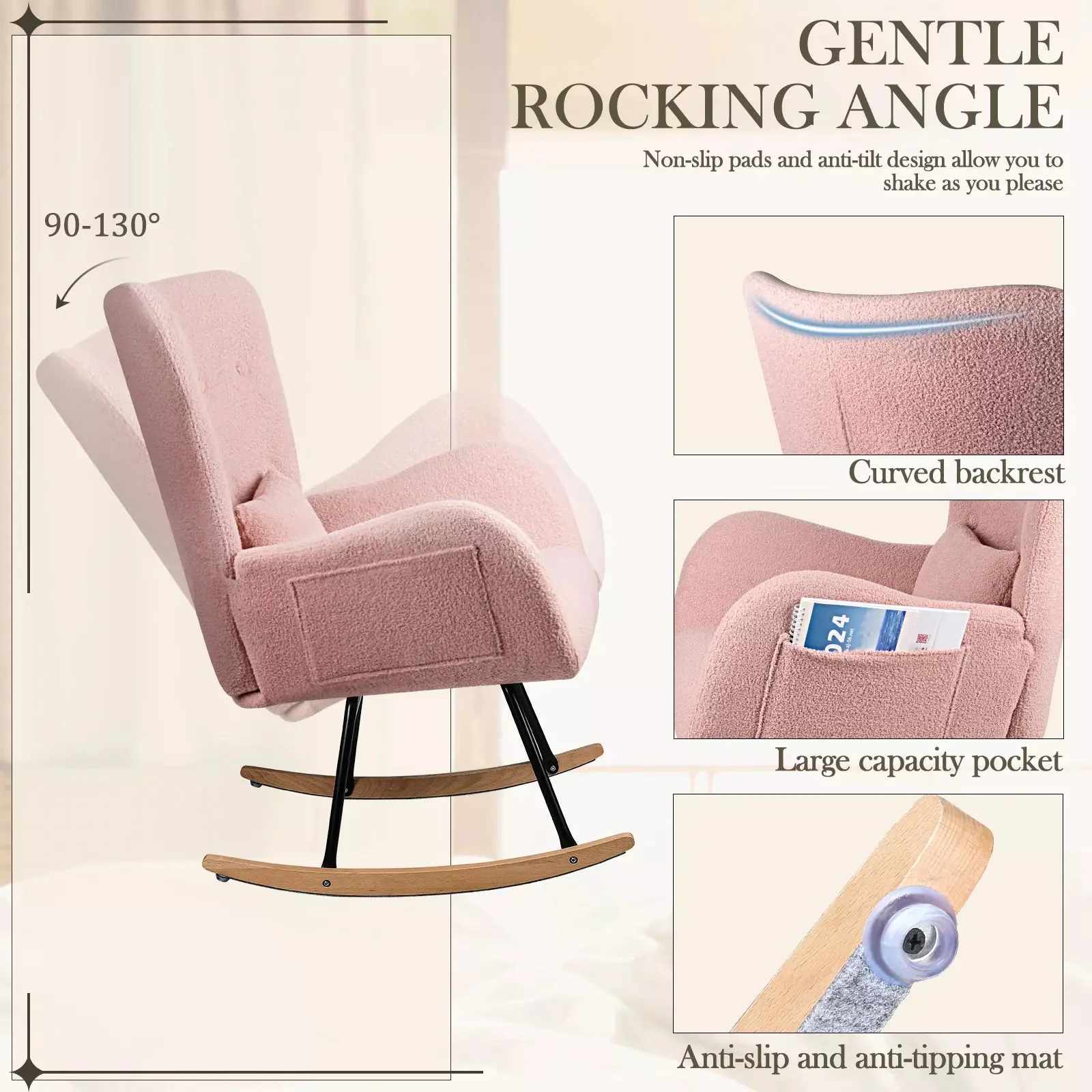 Vitesse Rocking Chair Nursery Rocker Teddy Upholstered Rocking Chair Indoor - Image 10