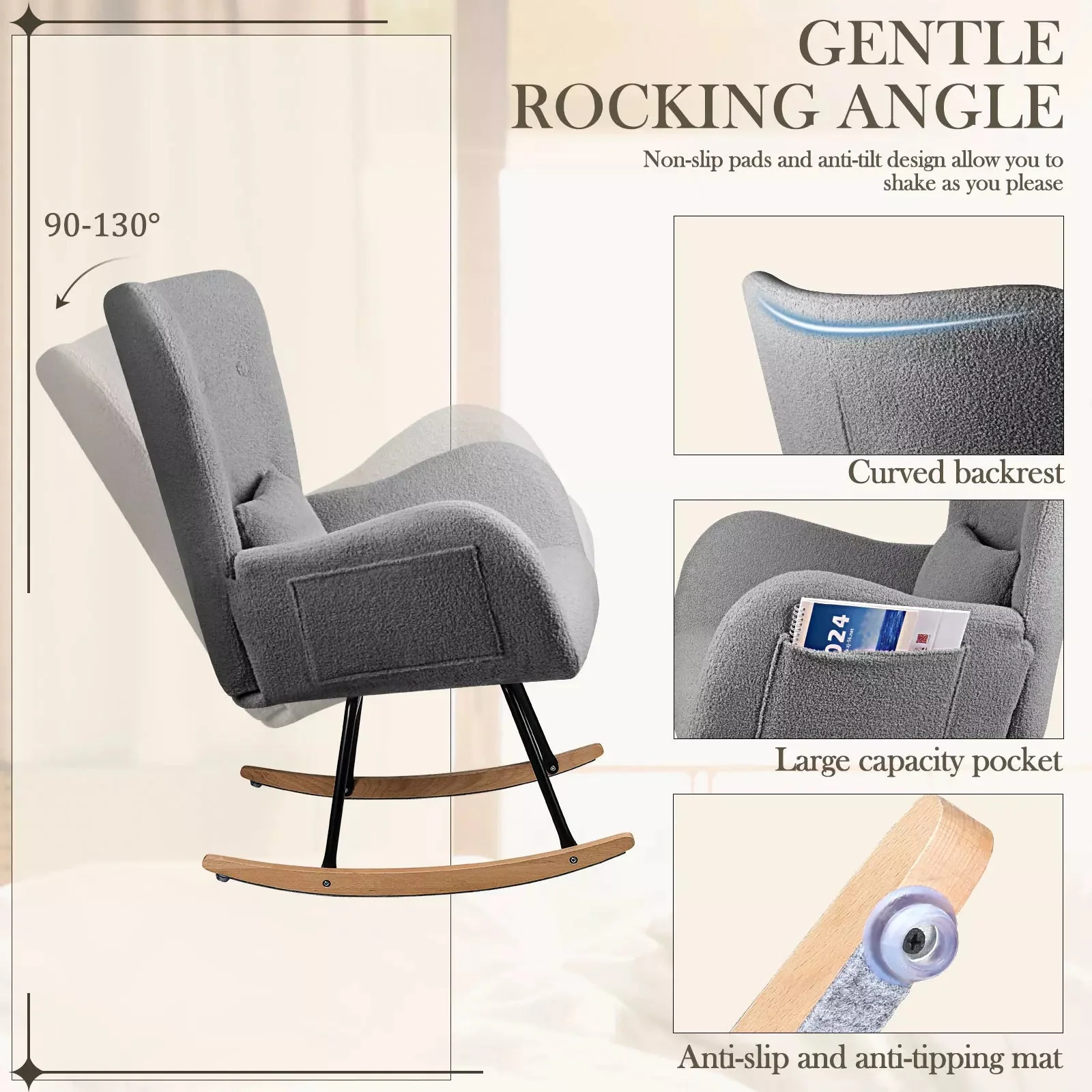 Vitesse Rocking Chair Nursery Rocker Teddy Upholstered Rocking Chair Indoor - Image 17