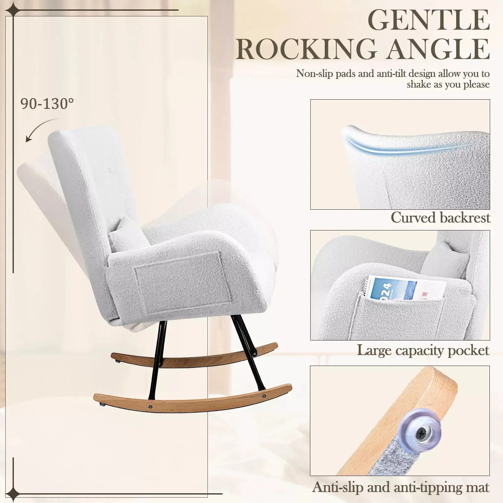 Vitesse Rocking Chair Nursery Rocker Teddy Upholstered Rocking Chair Indoor - Image 3