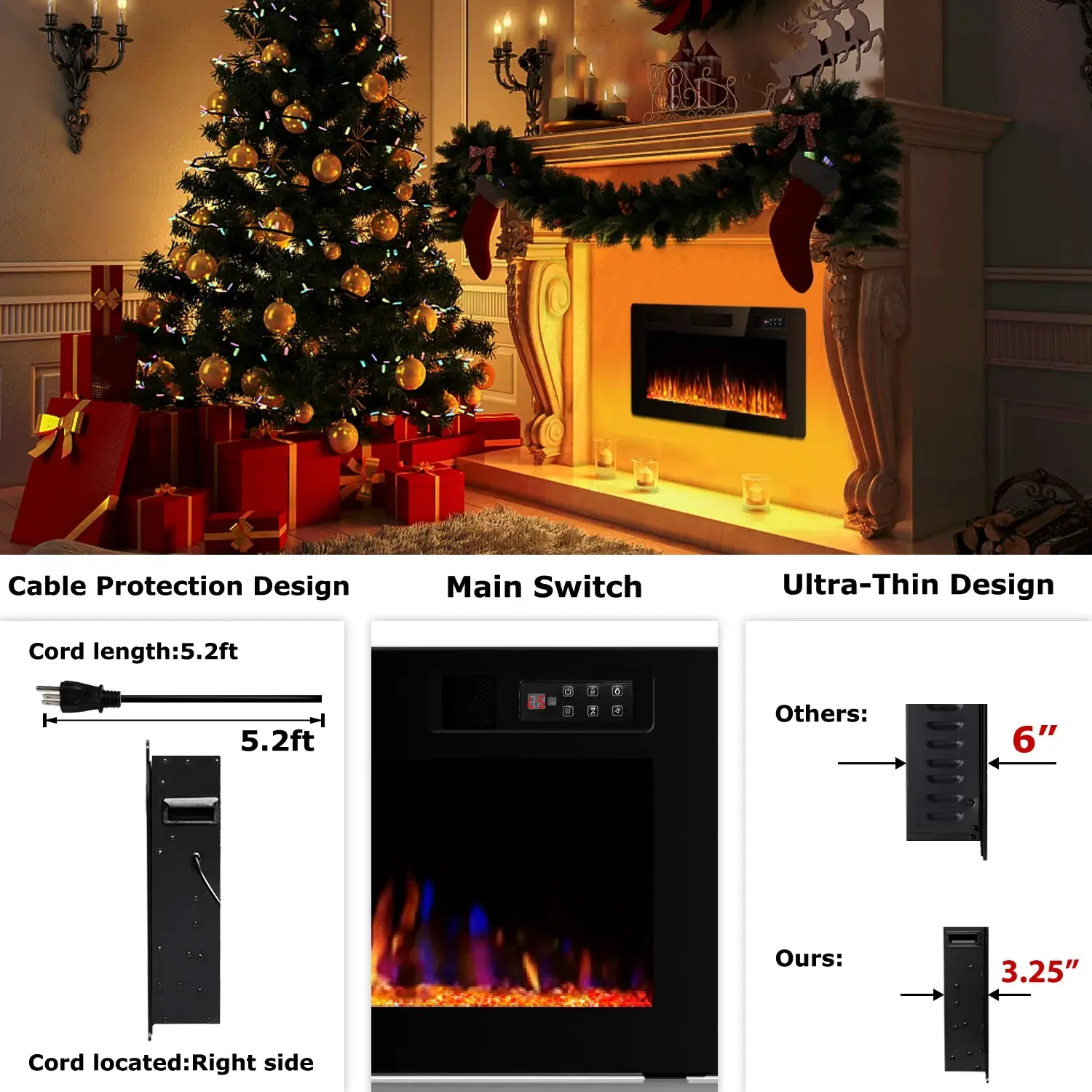 Vitesse Ultra Thin Electric Fireplace-Narrow Bezel Linear Fireplace Heater Recessed Wall Mounted, Remote and Screen Control, 8H Sleep Timer, Low Noise, 750/1500W for Living Room, Bedroom - Image 10