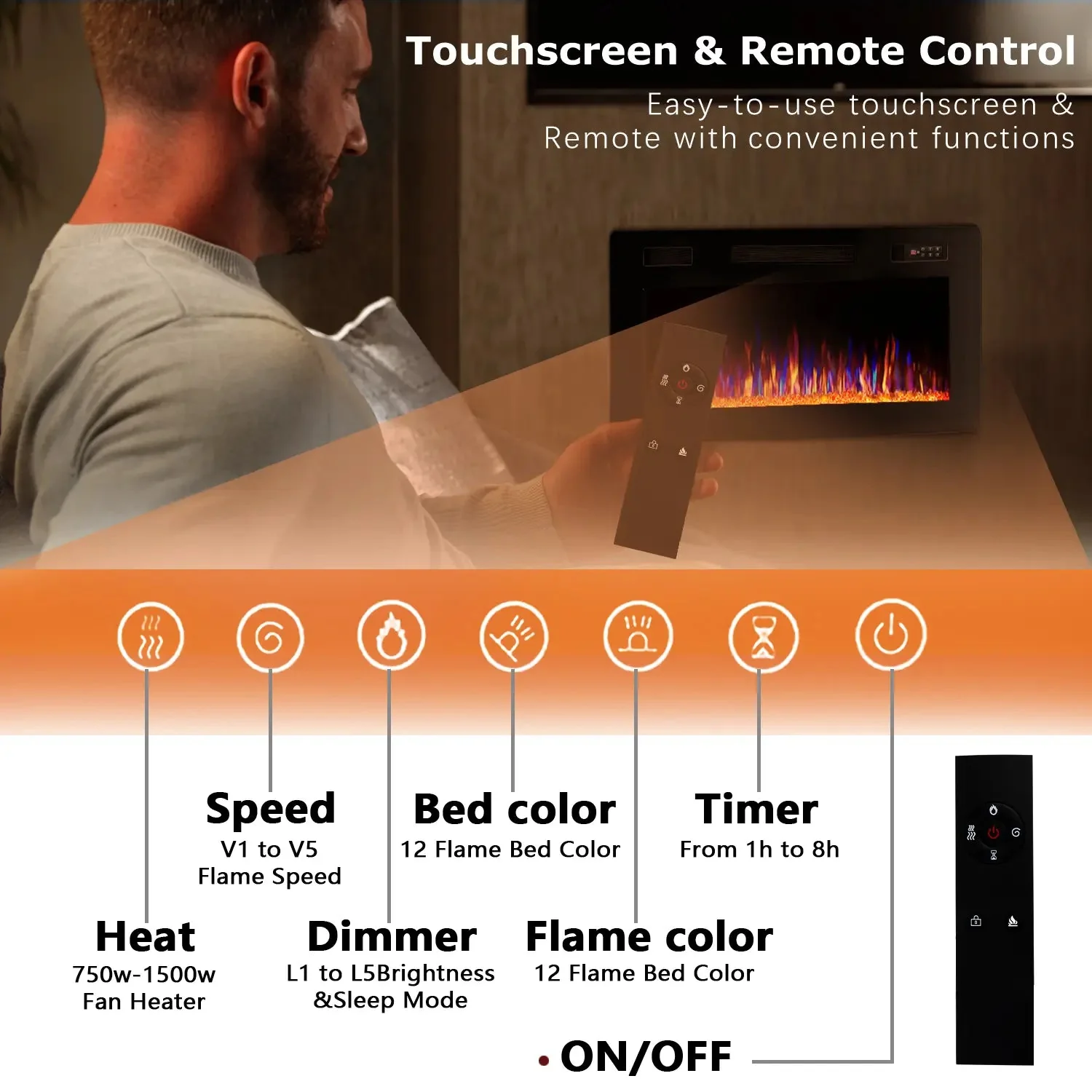 Vitesse Ultra Thin Electric Fireplace-Narrow Bezel Linear Fireplace Heater Recessed Wall Mounted, Remote and Screen Control, 8H Sleep Timer, Low Noise, 750/1500W for Living Room, Bedroom - Image 11