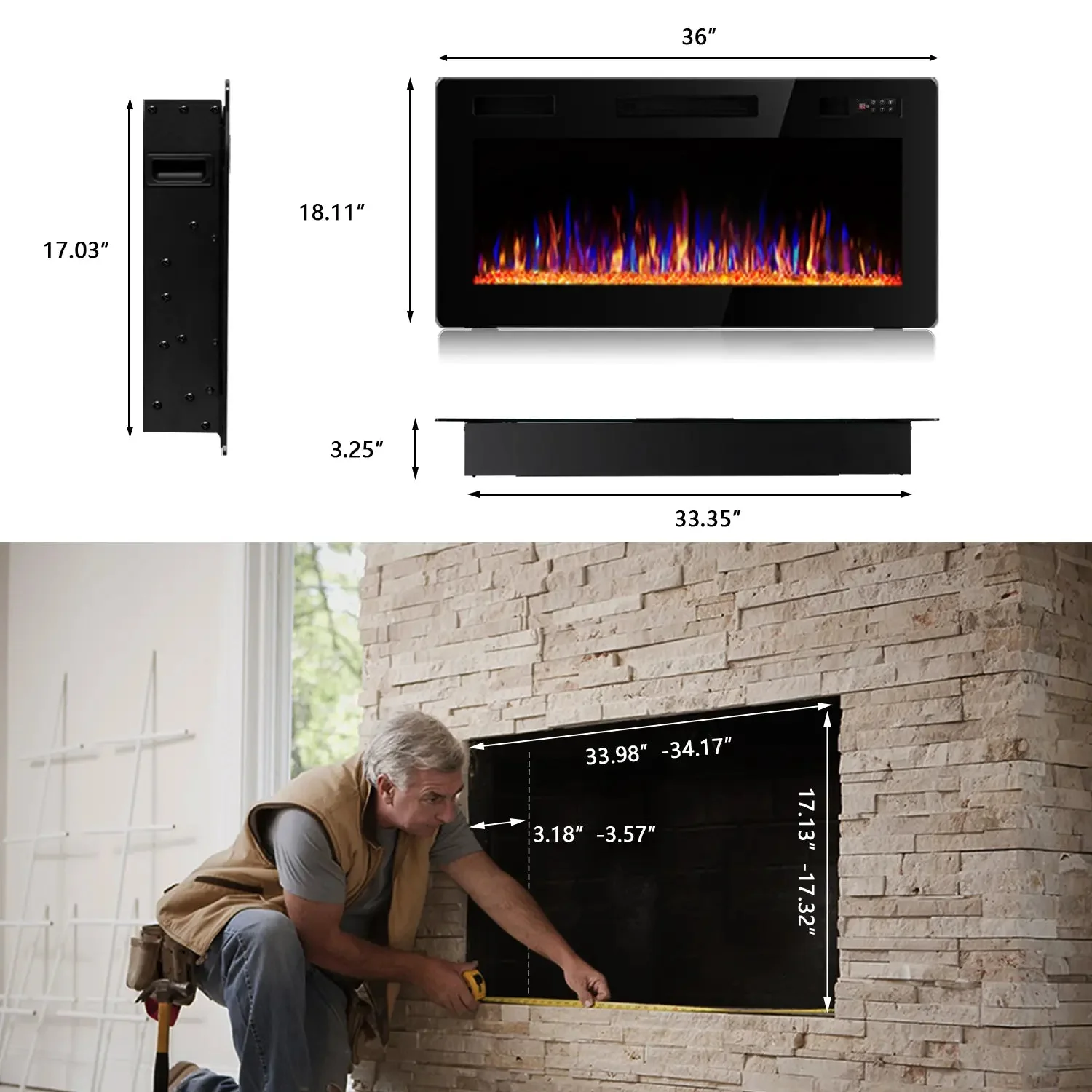 Vitesse Ultra Thin Electric Fireplace-Narrow Bezel Linear Fireplace Heater Recessed Wall Mounted, Remote and Screen Control, 8H Sleep Timer, Low Noise, 750/1500W for Living Room, Bedroom - Image 14
