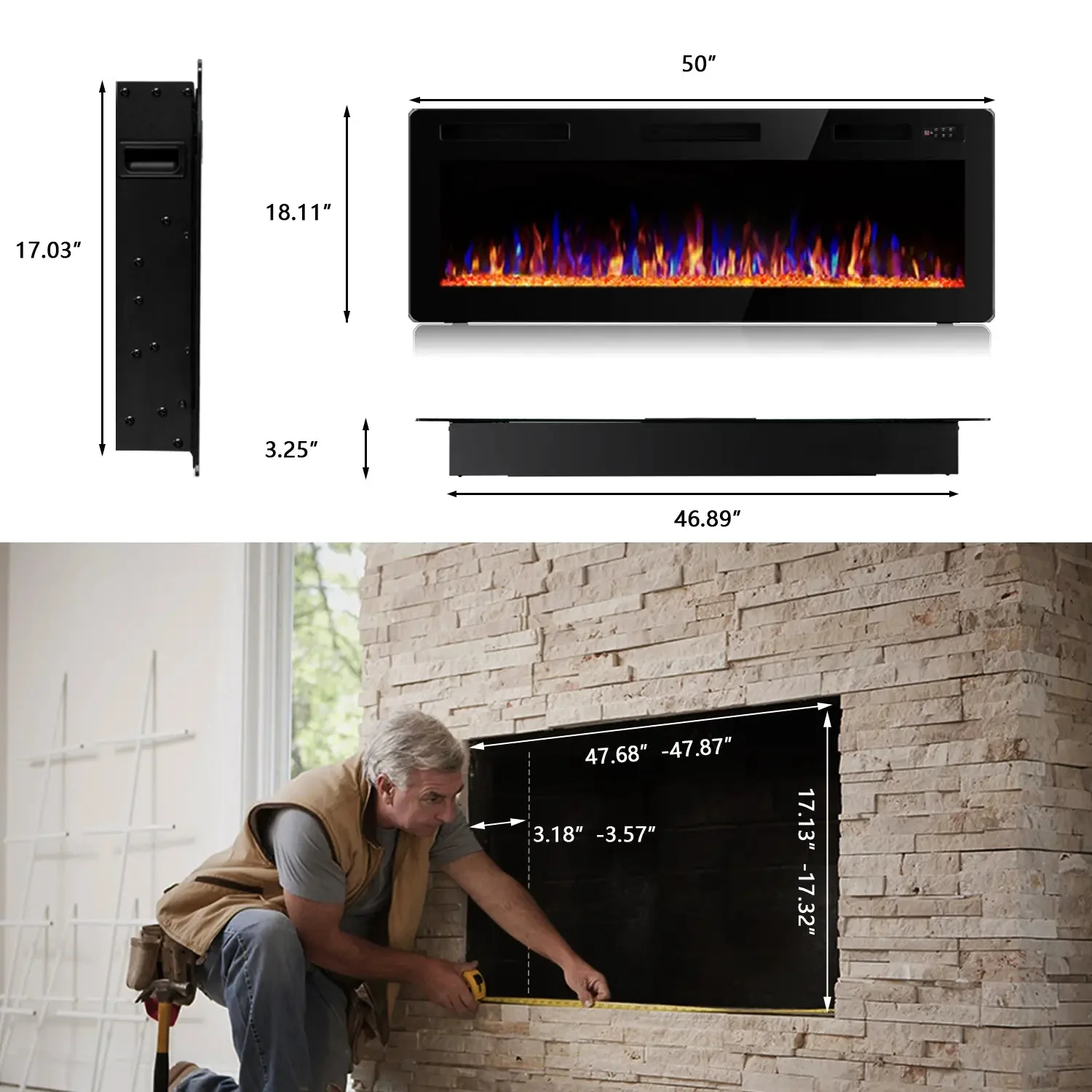 Vitesse Ultra Thin Electric Fireplace-Narrow Bezel Linear Fireplace Heater Recessed Wall Mounted, Remote and Screen Control, 8H Sleep Timer, Low Noise, 750/1500W for Living Room, Bedroom - Image 18