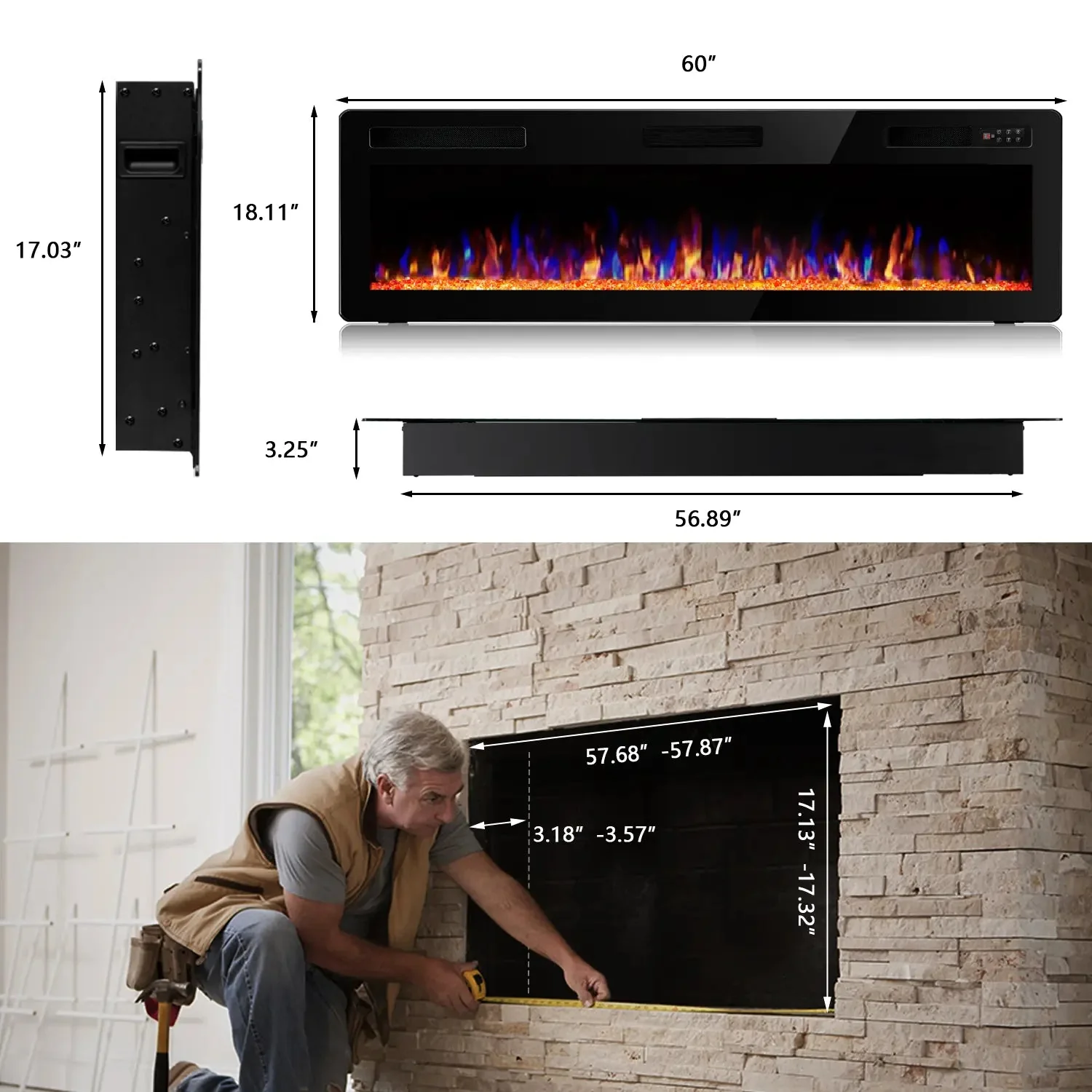 Vitesse Ultra Thin Electric Fireplace-Narrow Bezel Linear Fireplace Heater Recessed Wall Mounted, Remote and Screen Control, 8H Sleep Timer, Low Noise, 750/1500W for Living Room, Bedroom - Image 20
