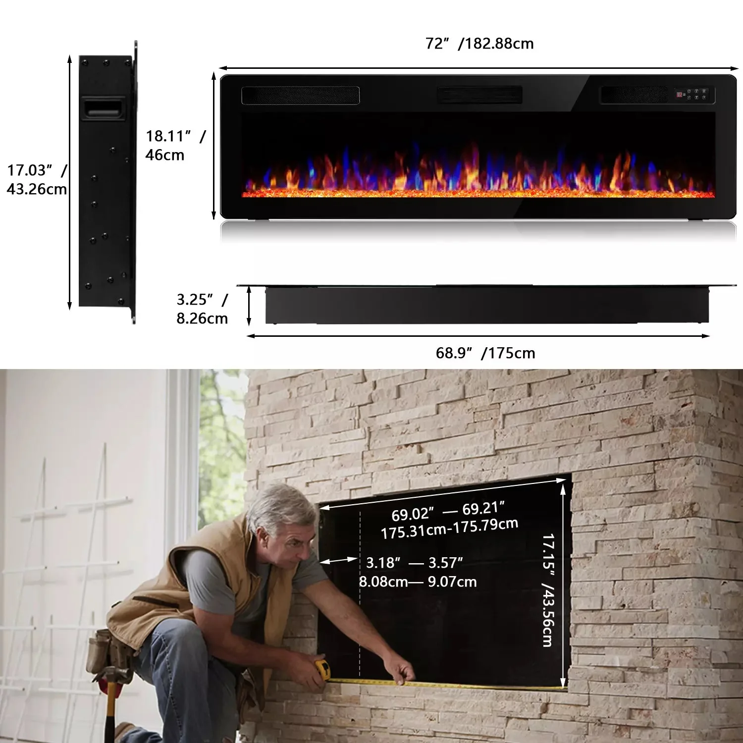Vitesse Ultra Thin Electric Fireplace-Narrow Bezel Linear Fireplace Heater Recessed Wall Mounted, Remote and Screen Control, 8H Sleep Timer, Low Noise, 750/1500W for Living Room, Bedroom - Image 22