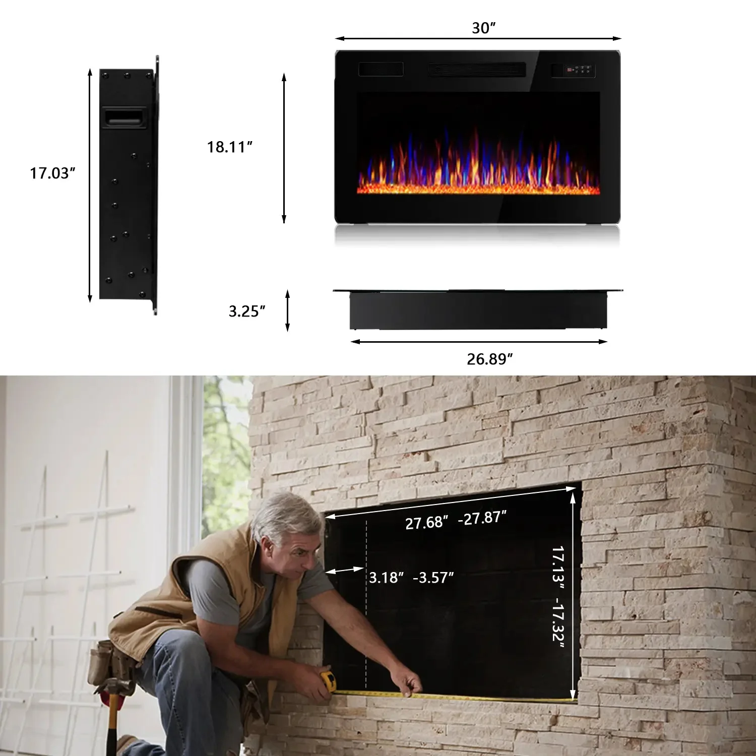 Vitesse Ultra Thin Electric Fireplace-Narrow Bezel Linear Fireplace Heater Recessed Wall Mounted, Remote and Screen Control, 8H Sleep Timer, Low Noise, 750/1500W for Living Room, Bedroom - Image 7