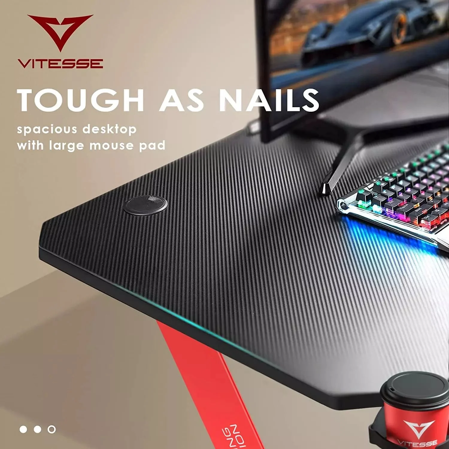 Vitesse Ergonomic Z-Shaped Gaming Desk with Mousepad and Handle Rack ZD01 - Image 11