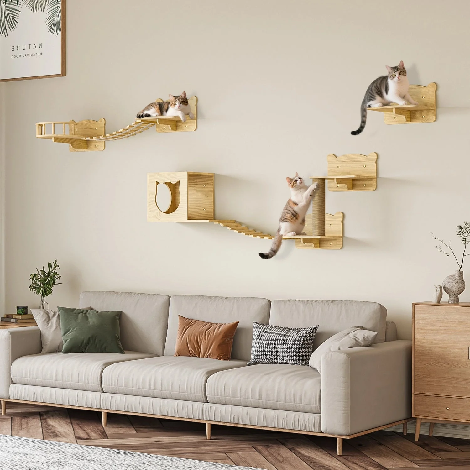 Waleaf 16 Piece Cat Wall Shelves for Indoor cats,Wall Mounted Cat Climber Set with House,Tunnel,Bridge,Steps,Scratcher,Bed