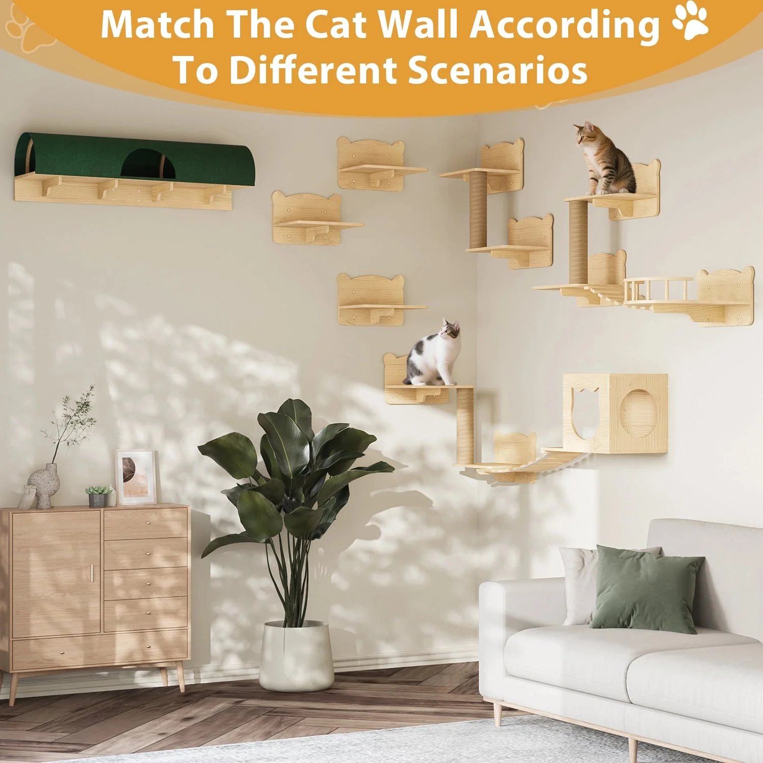 Waleaf 16 Piece Cat Wall Shelves for Indoor cats,Wall Mounted Cat Climber Set with House,Tunnel,Bridge,Steps,Scratcher,Bed - Image 13