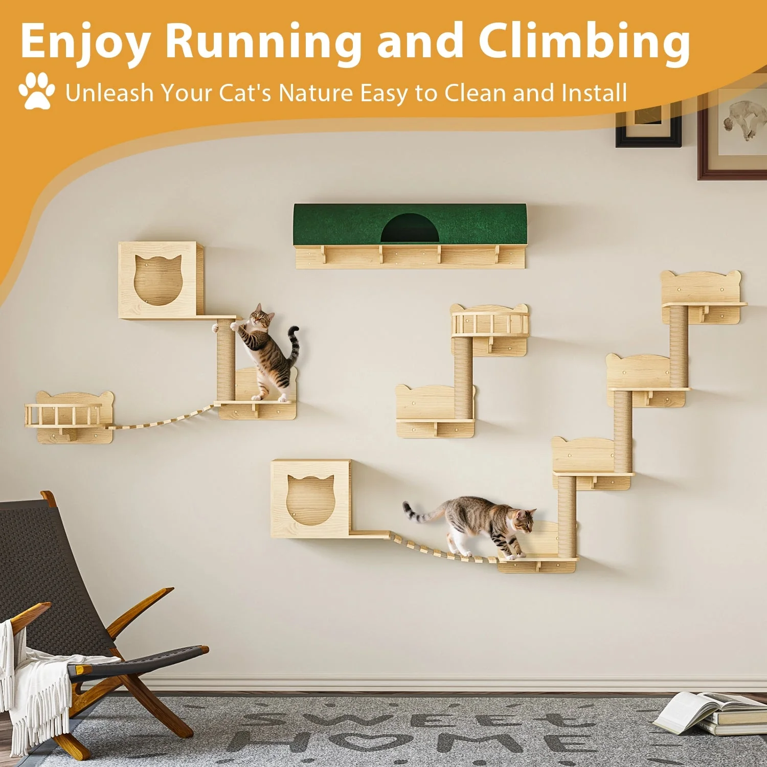 Waleaf 16 Piece Cat Wall Shelves for Indoor cats,Wall Mounted Cat Climber Set with House,Tunnel,Bridge,Steps,Scratcher,Bed - Image 16