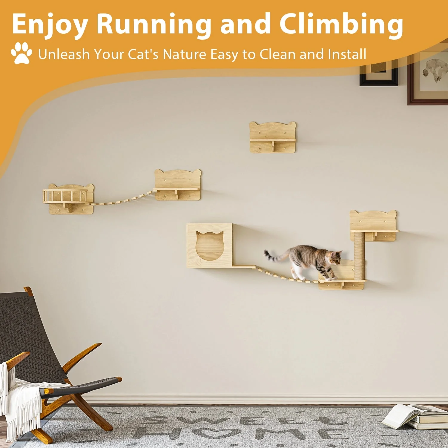 Waleaf 16 Piece Cat Wall Shelves for Indoor cats,Wall Mounted Cat Climber Set with House,Tunnel,Bridge,Steps,Scratcher,Bed - Image 2