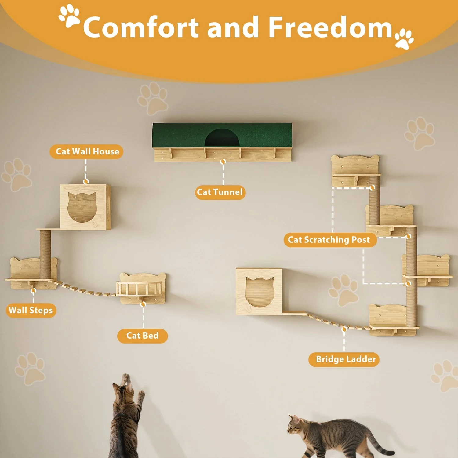 Waleaf 16 Piece Cat Wall Shelves for Indoor cats,Wall Mounted Cat Climber Set with House,Tunnel,Bridge,Steps,Scratcher,Bed - Image 3