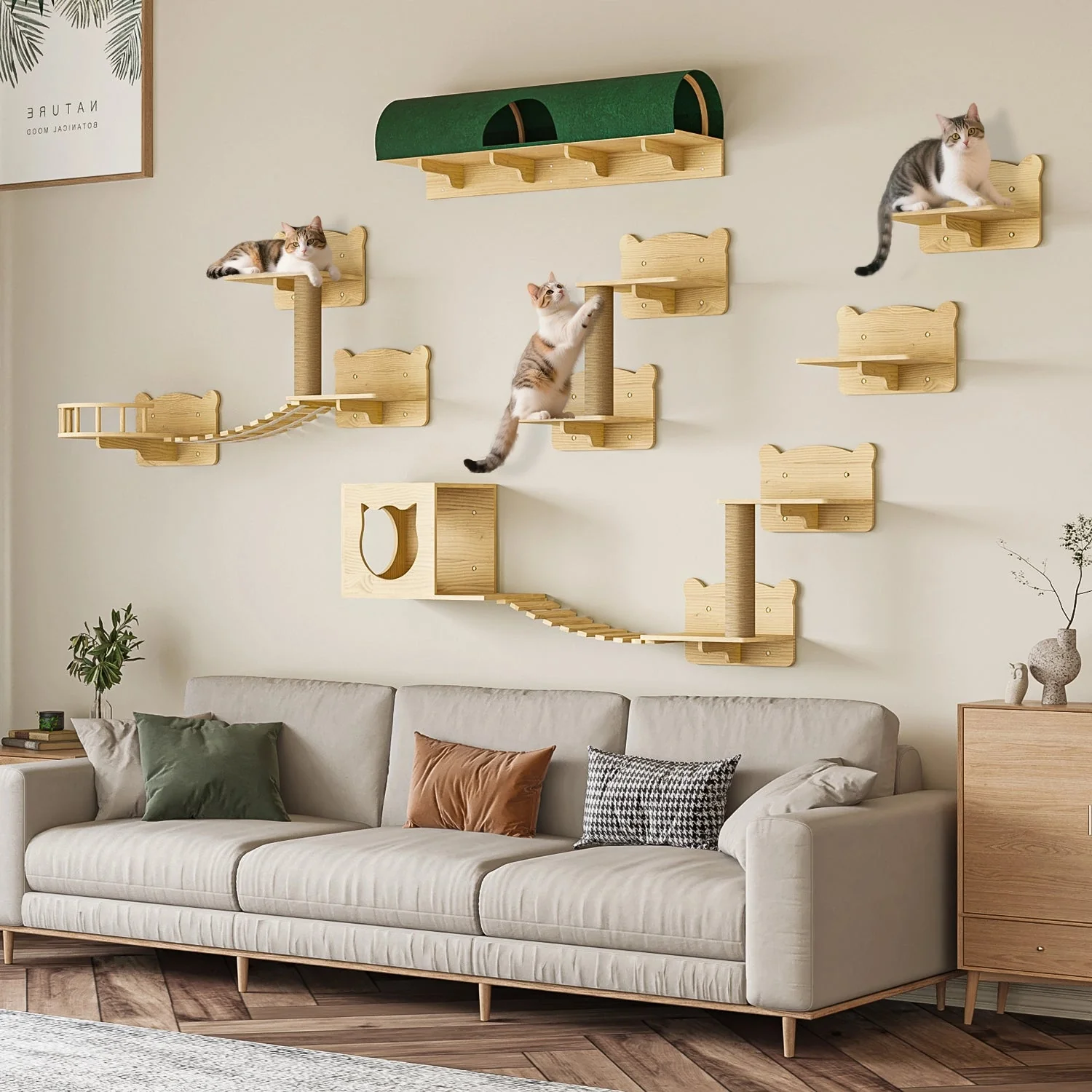 Waleaf 16 Piece Cat Wall Shelves for Indoor cats,Wall Mounted Cat Climber Set with House,Tunnel,Bridge,Steps,Scratcher,Bed - Image 8