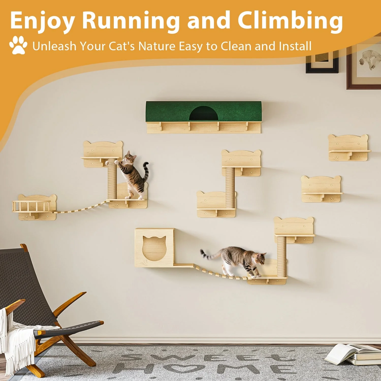 Waleaf 16 Piece Cat Wall Shelves for Indoor cats,Wall Mounted Cat Climber Set with House,Tunnel,Bridge,Steps,Scratcher,Bed - Image 9