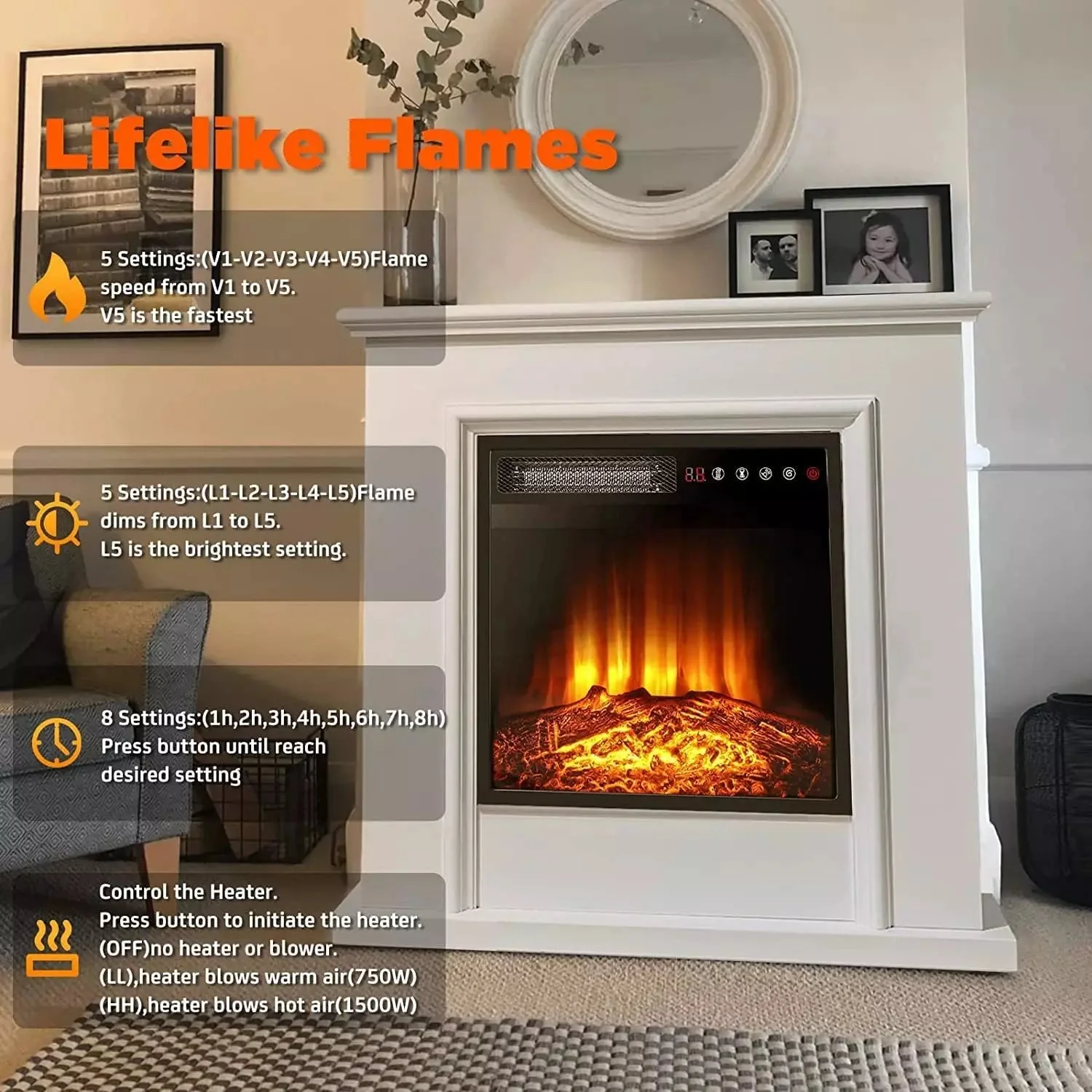 BOSSIN 18 Inch Electric Fireplace Insert with Touch Screen&Remote Control - Image 3