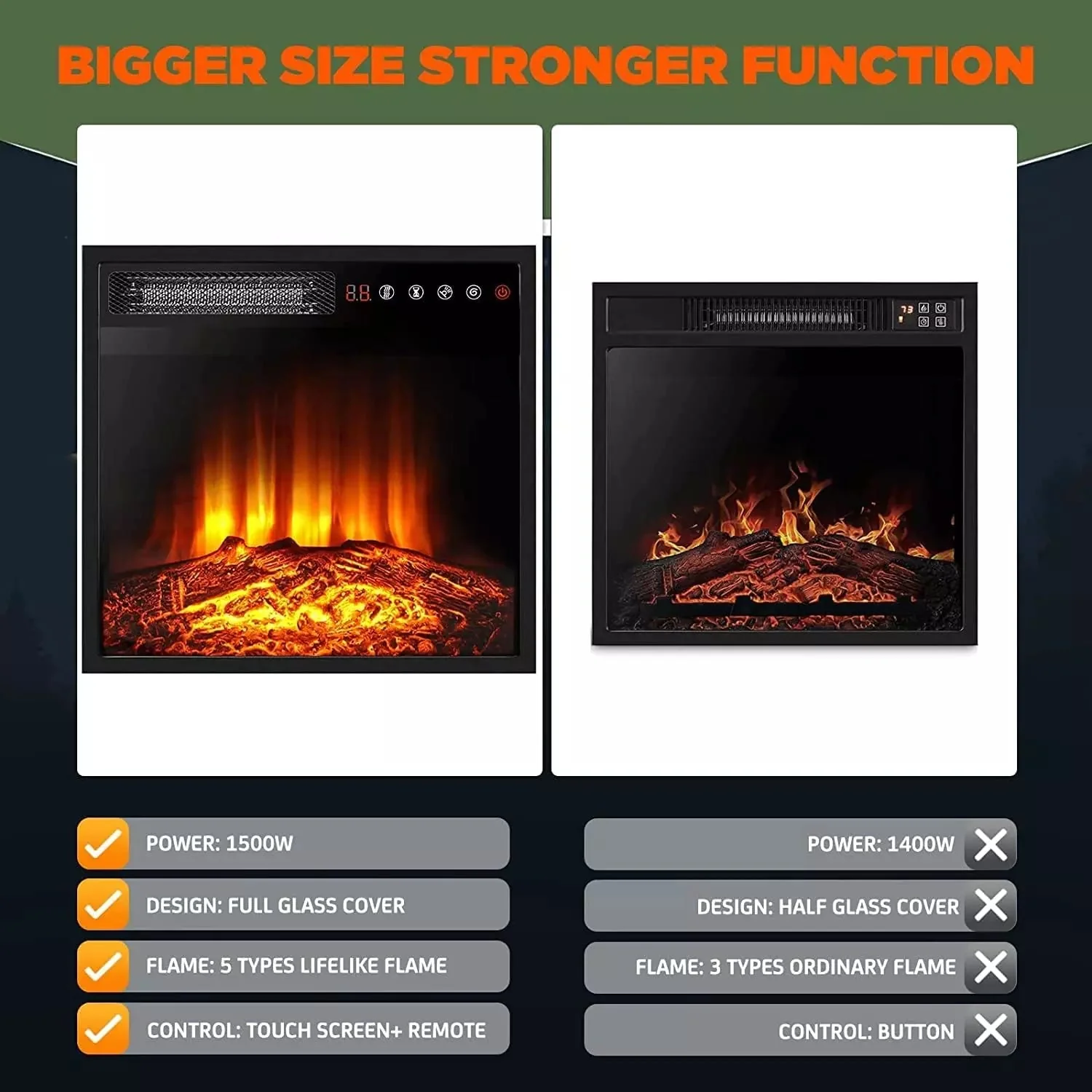 BOSSIN 18 Inch Electric Fireplace Insert with Touch Screen&Remote Control - Image 5