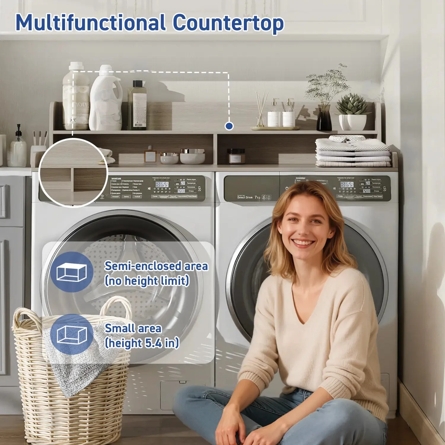 Waleaf 2-Tier Modern Washer Dryer Countertop with Shelf, 54" Laundry Topper for Folding & Storage, Universal Fit - Image 5