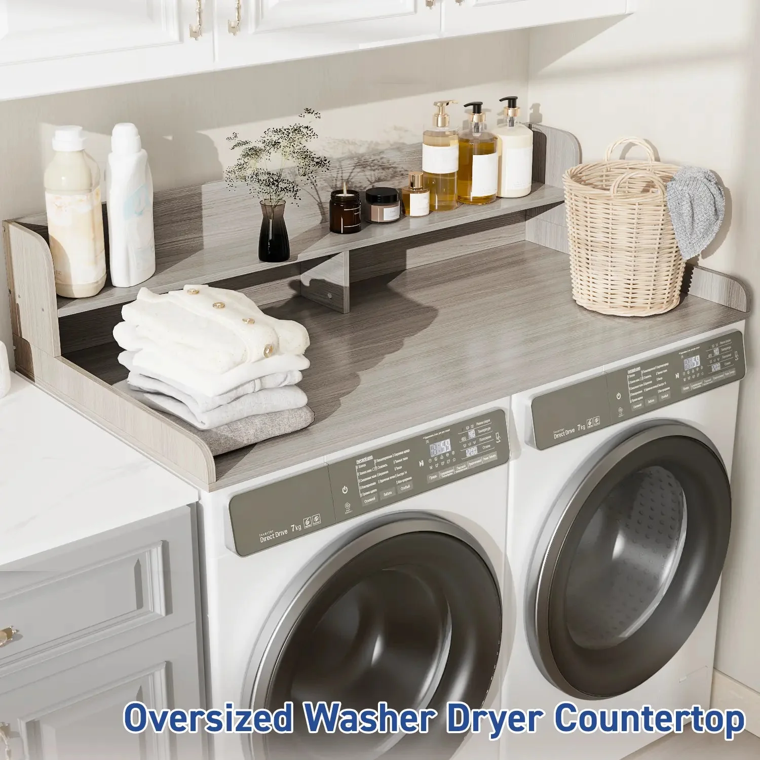 Waleaf 2-Tier Modern Washer Dryer Countertop with Shelf, 54" Laundry Topper for Folding & Storage, Universal Fit - Image 7