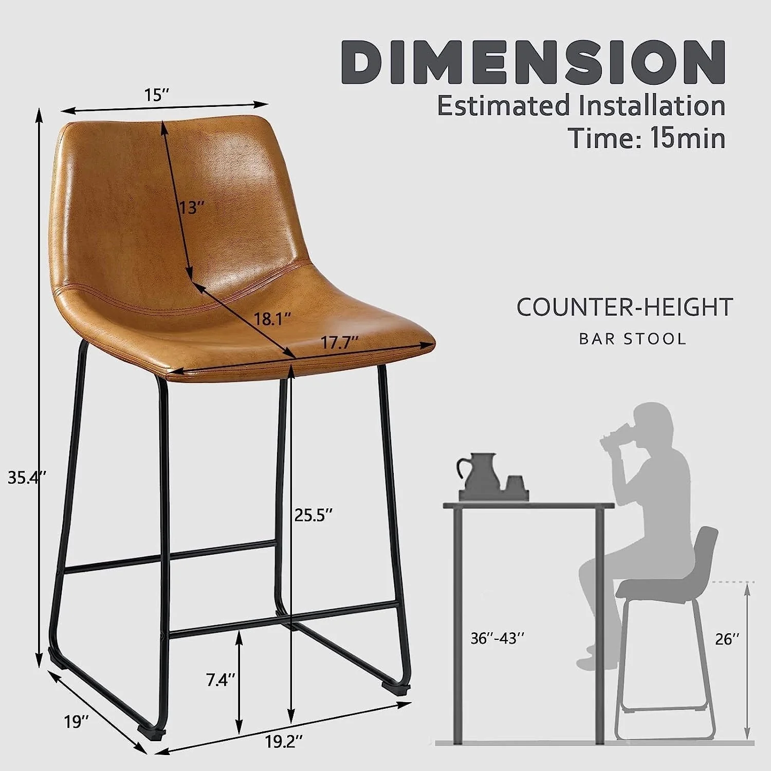 Waleaf 26 inch Bar Stools Set of 4,Counter Height Bar Stools with Back - Image 2