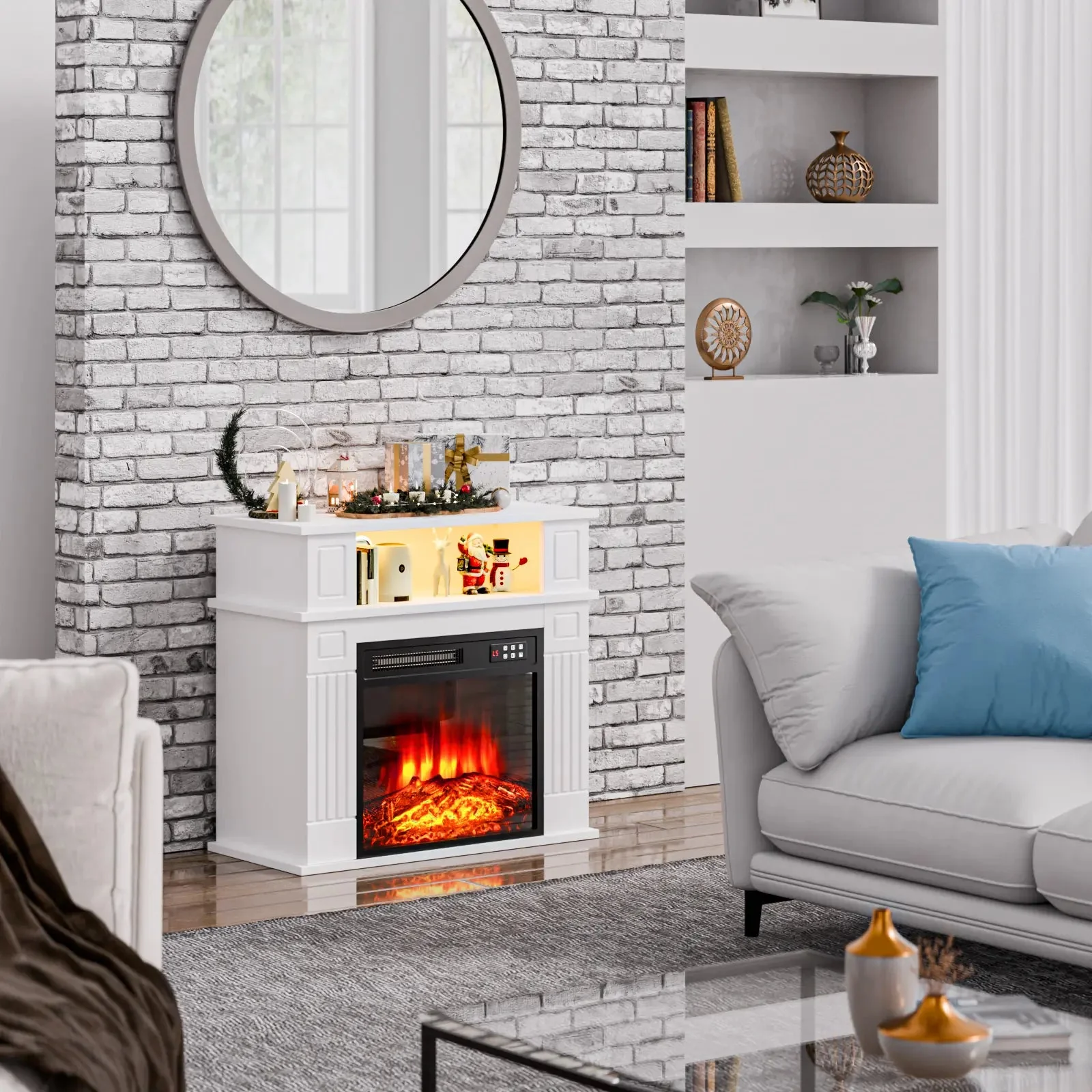 28" Electric Fireplace with Mantel, Replaceable Fire Place Insert with Remote Control, Freestanding, Realistic Log and Flame Effect, Mantel Fireplace with Storage Shelf, 750/1500W - Image 4