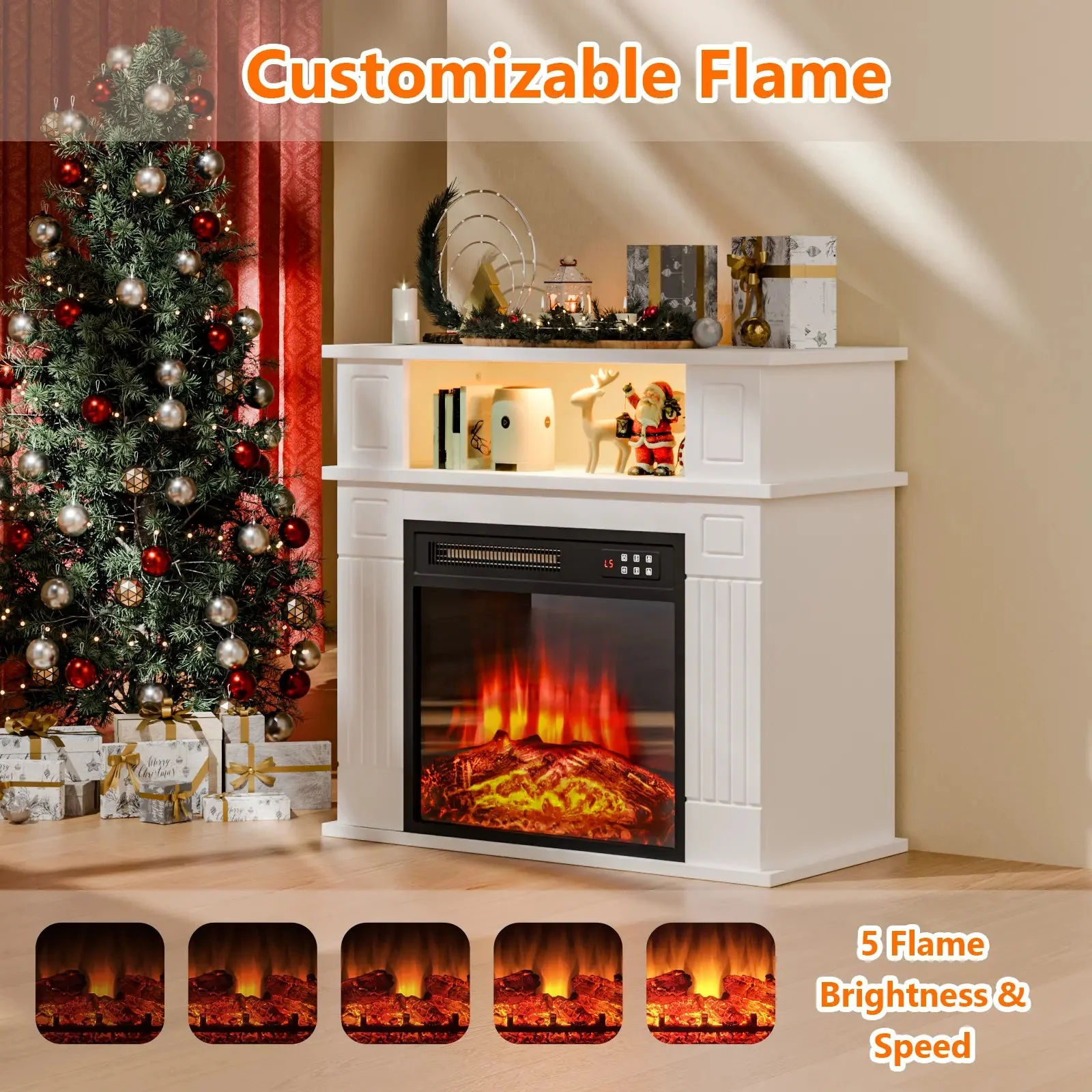 28" Electric Fireplace with Mantel, Replaceable Fire Place Insert with Remote Control, Freestanding, Realistic Log and Flame Effect, Mantel Fireplace with Storage Shelf, 750/1500W - Image 6