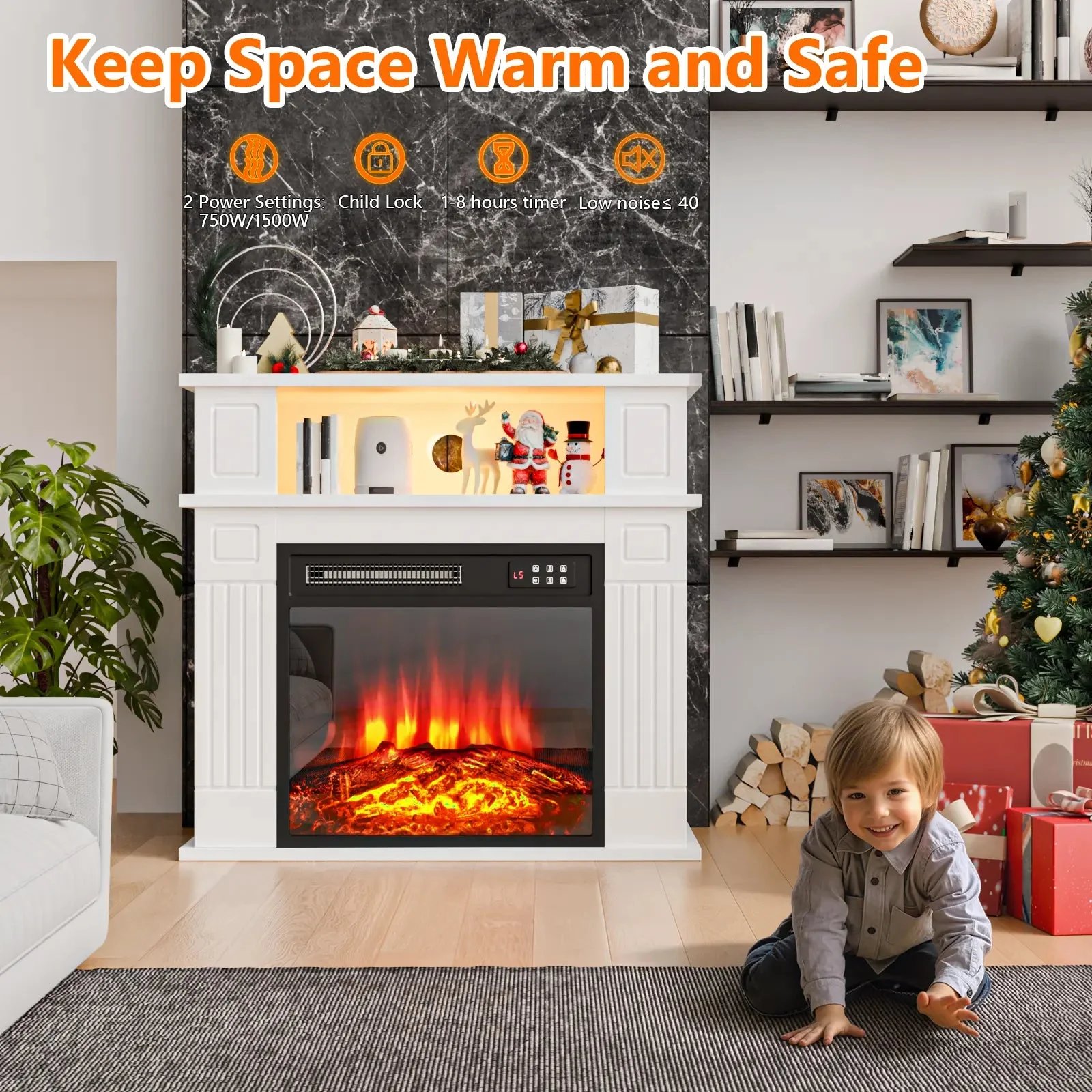 28" Electric Fireplace with Mantel, Replaceable Fire Place Insert with Remote Control, Freestanding, Realistic Log and Flame Effect, Mantel Fireplace with Storage Shelf, 750/1500W - Image 7