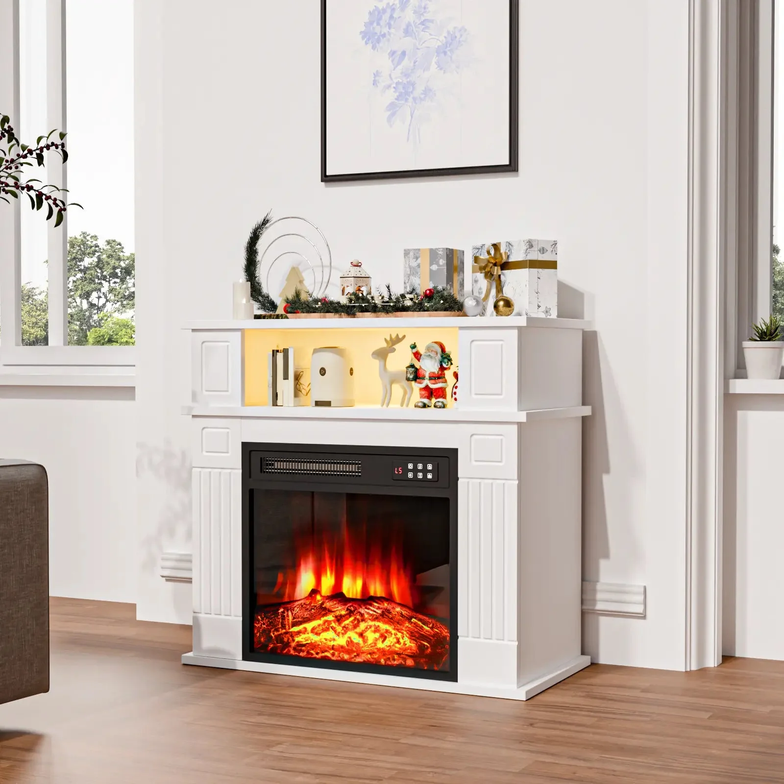 28" Electric Fireplace with Mantel, Replaceable Fire Place Insert with Remote Control, Freestanding, Realistic Log and Flame Effect, Mantel Fireplace with Storage Shelf, 750/1500W - Image 8