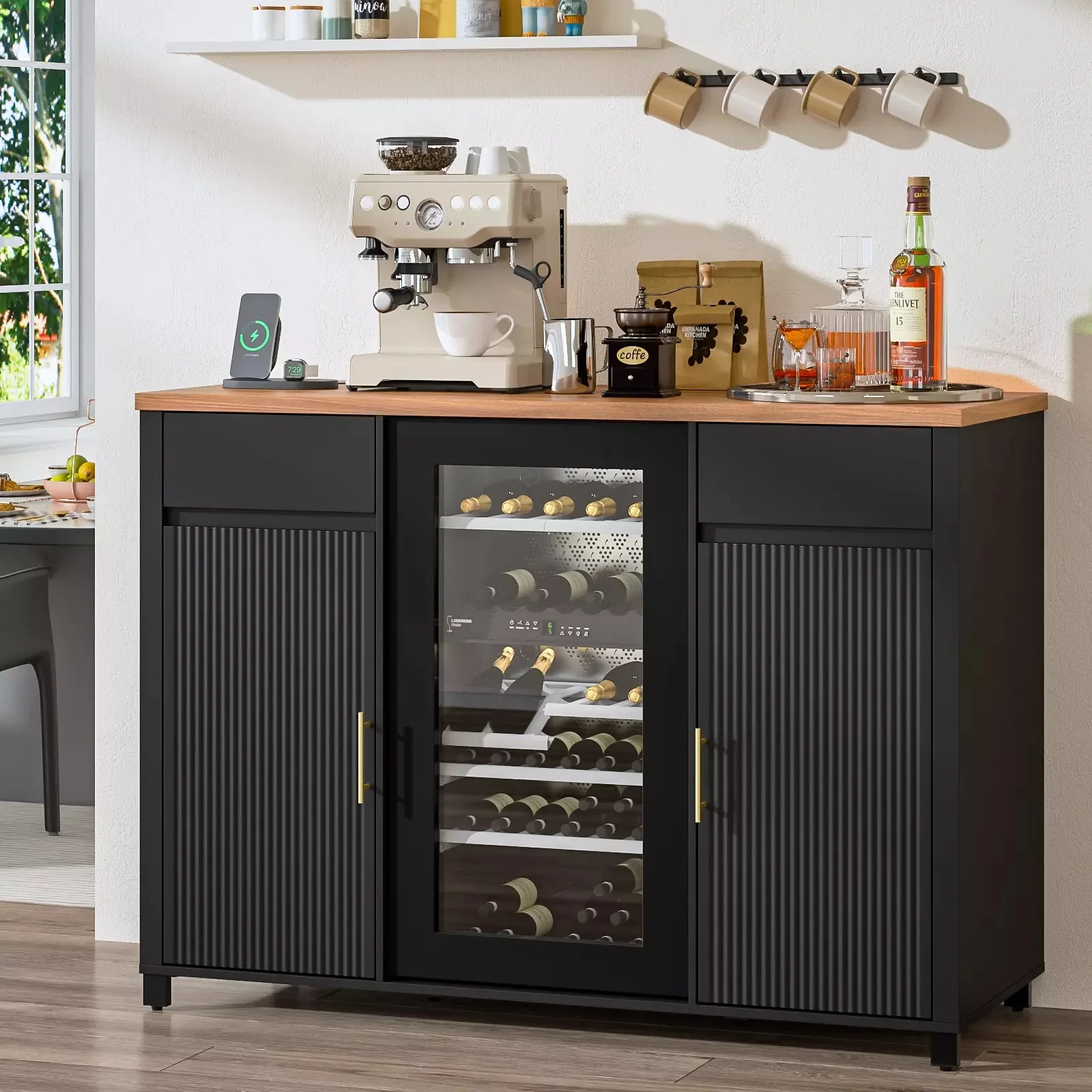 Waleaf 39"Coffee Bar Cabinet with Fridge Space,Mini Fridge Cabinet with Power Outletm,Black Buffet Sideboard for Kitchen Dining Room Living Room