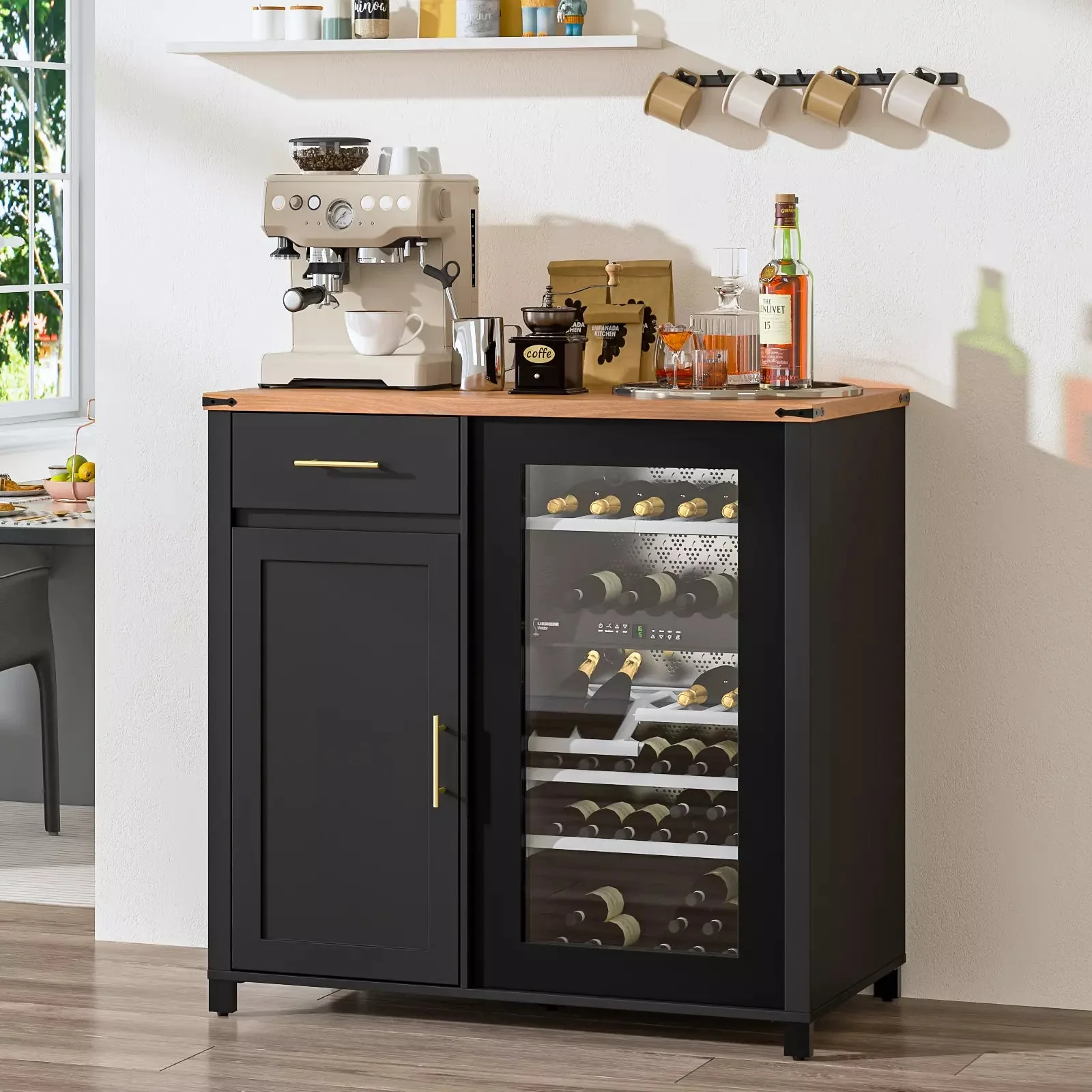 Waleaf 39"Coffee Bar Cabinet with Fridge Space,Mini Fridge Cabinet with Power Outletm,Black Buffet Sideboard for Kitchen Dining Room Living Room - Image 2