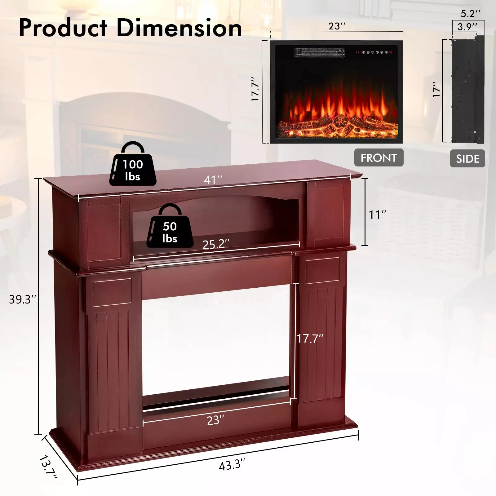 BOSSIN 43" Electric Fireplace with Mantel, 23 inch Electric Fireplace Insert - Image 12