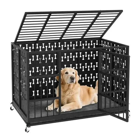 WALEAF 48 inch Heavy Duty Indestructible Dog Crate,Chew Proof Prevent Escape ,High-anxiety Dog Kennel with Detachable Soft Cushion and Locking Wheels for Large Dogs