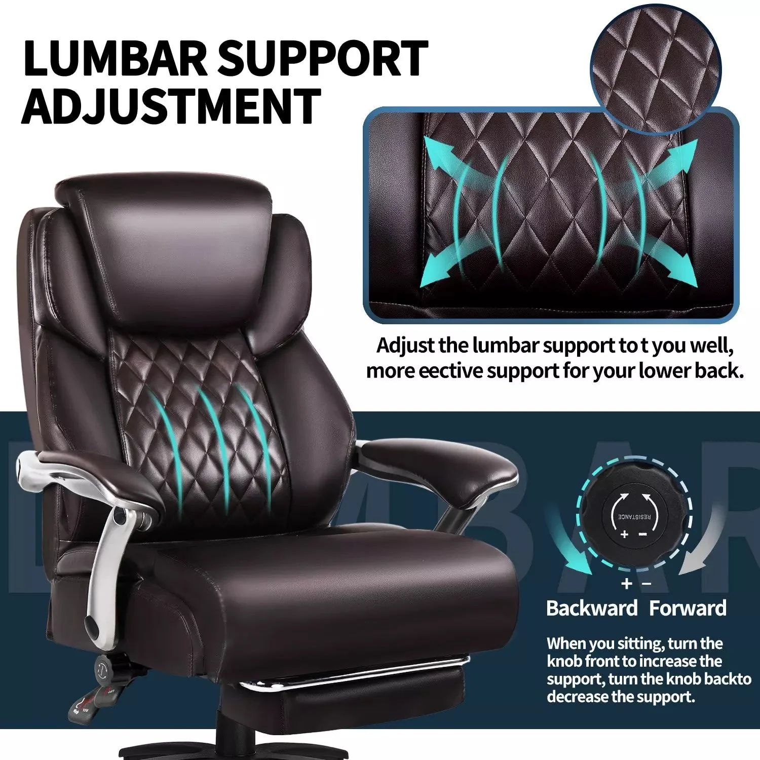 Waleaf 500lbs Big and Tall Office Chair with Adjustable Headrest for Adults, Computer Chair Home Office Desk Chair with Retractable Footrest for Home Office - Image 12