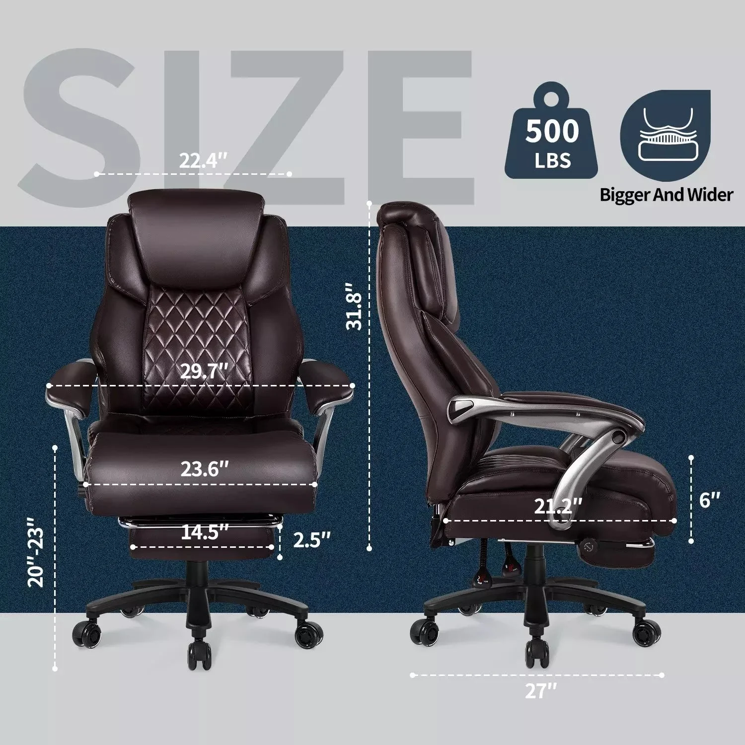 Waleaf 500lbs Big and Tall Office Chair with Adjustable Headrest for Adults, Computer Chair Home Office Desk Chair with Retractable Footrest for Home Office - Image 14